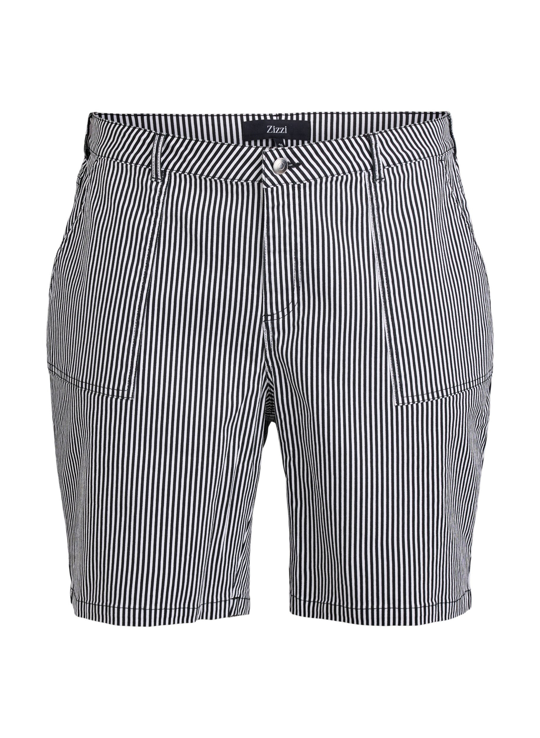 Zizzi Bermuda-Shorts mit hohem Bund und Streifenmuster, Schwarz, Packshot image number 0