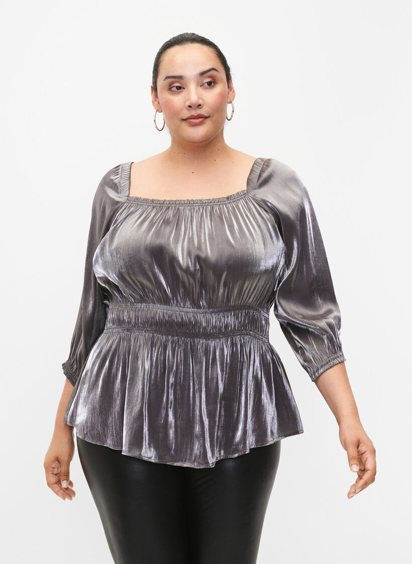 Blouse de couleur argentée avec manches 3/4 et smocks, Dark Silver, Model image number 0