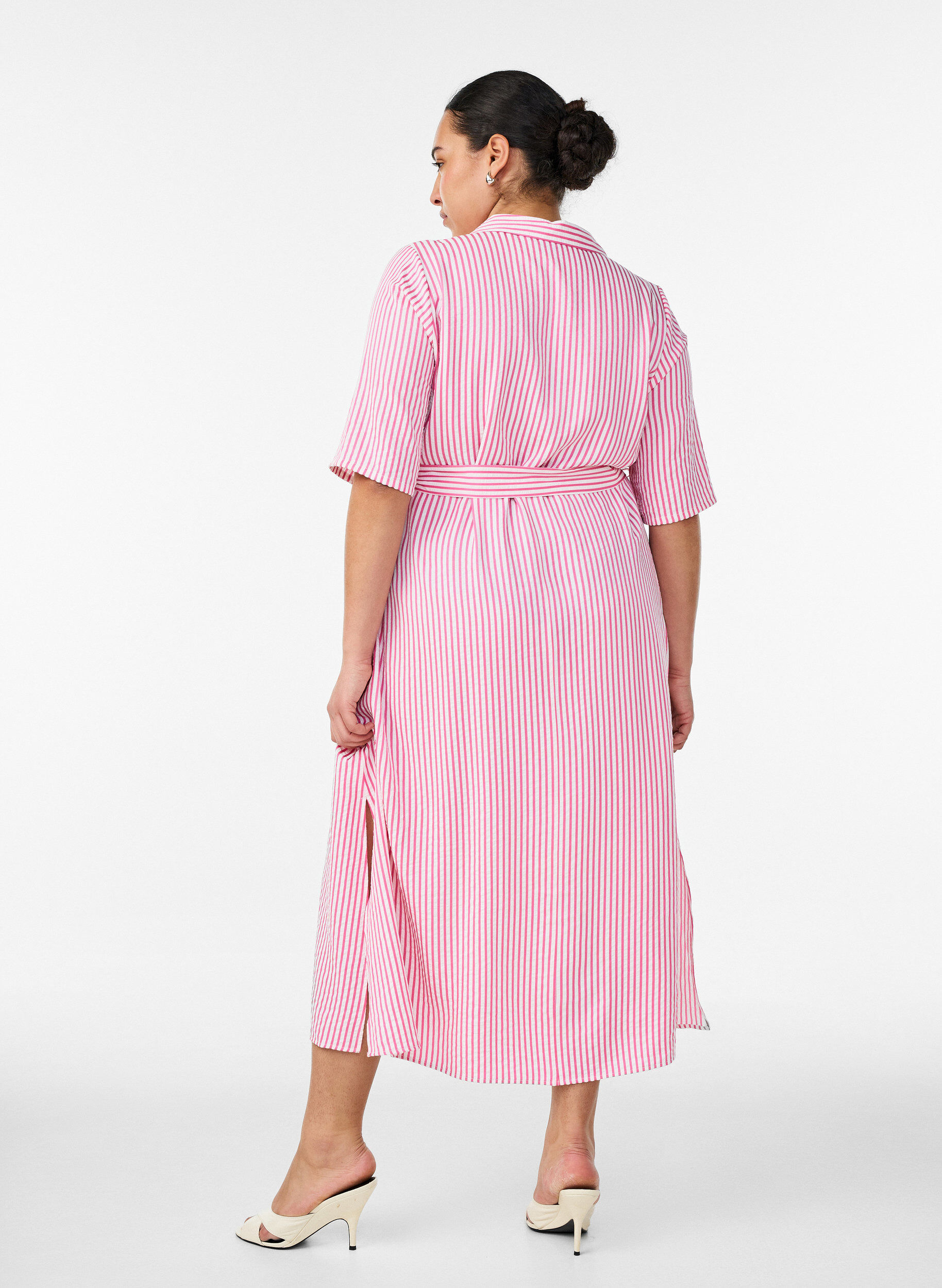 ZizziKn&ouml;chellanges Hemdblusenkleid mit Bindeg&uuml;rtel und Streifen, Pink, Model image number 1