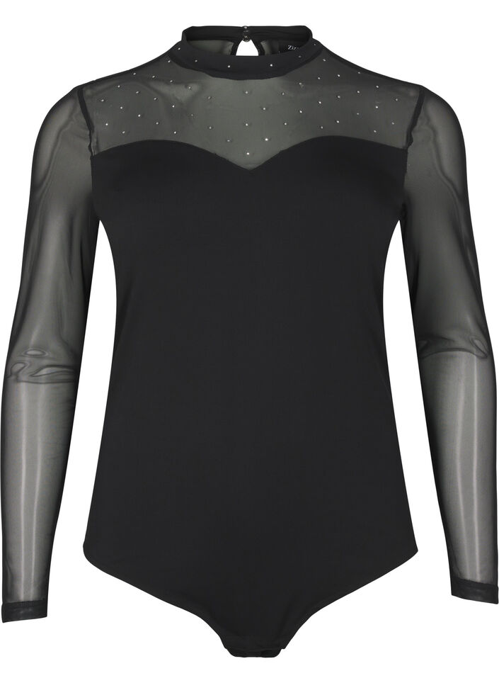 Body mit Nieten und langen Mesh-Ärmeln, Black, Packshot image number 0