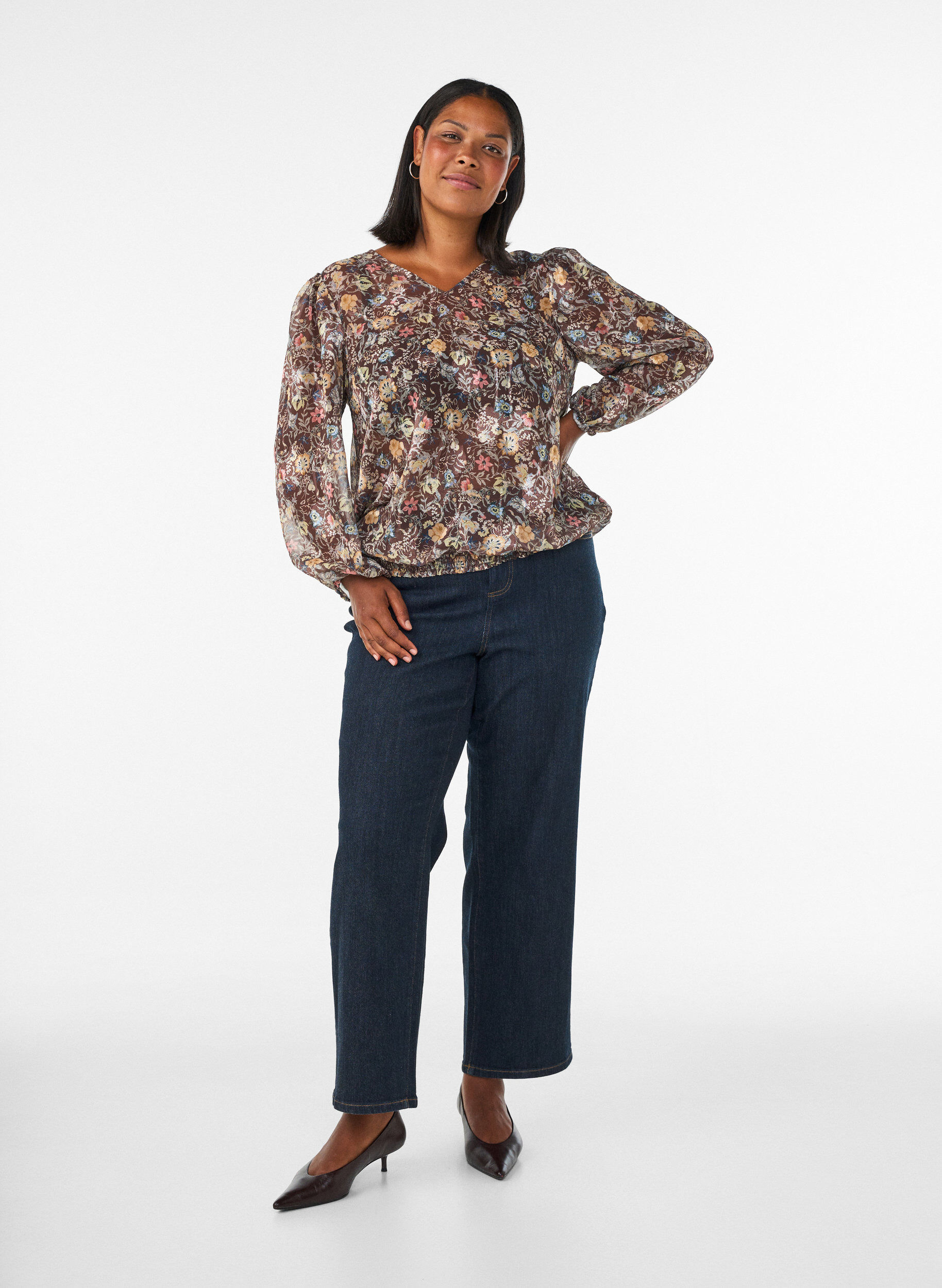 ZizziBluse mit Blumenmuster und Ballon&auml;rmeln, Braun, Model image number 1