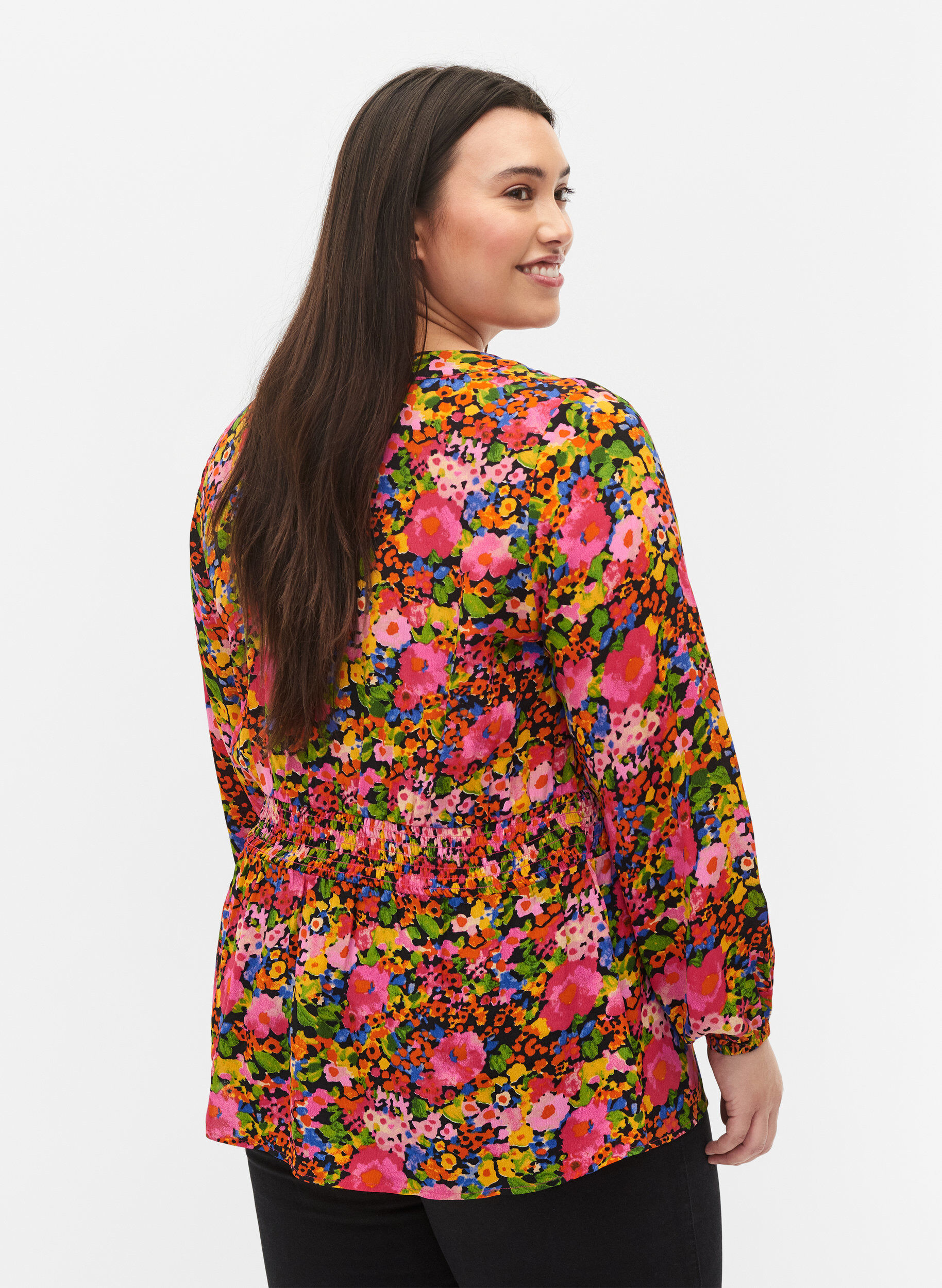 Zizzi Viskosebluse mit Blumendruck und Smock, Neon Flower Print, Model image number 1