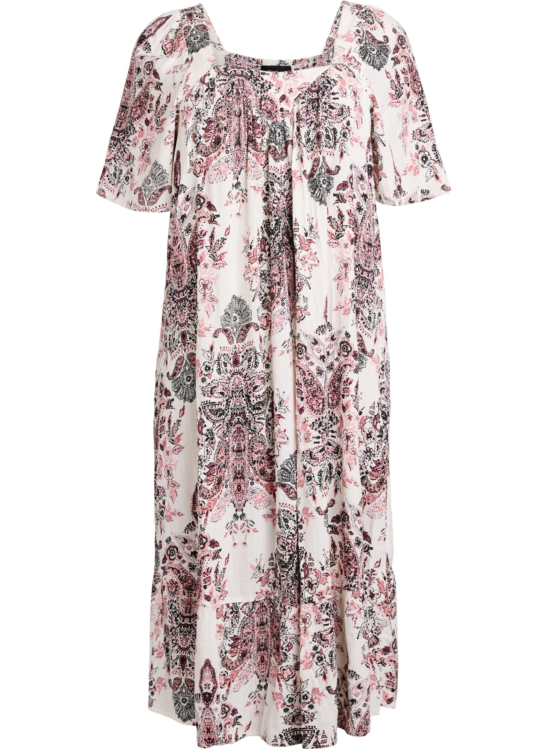 Langes Kleid mit eckigem Ausschnitt und floralen Mustern