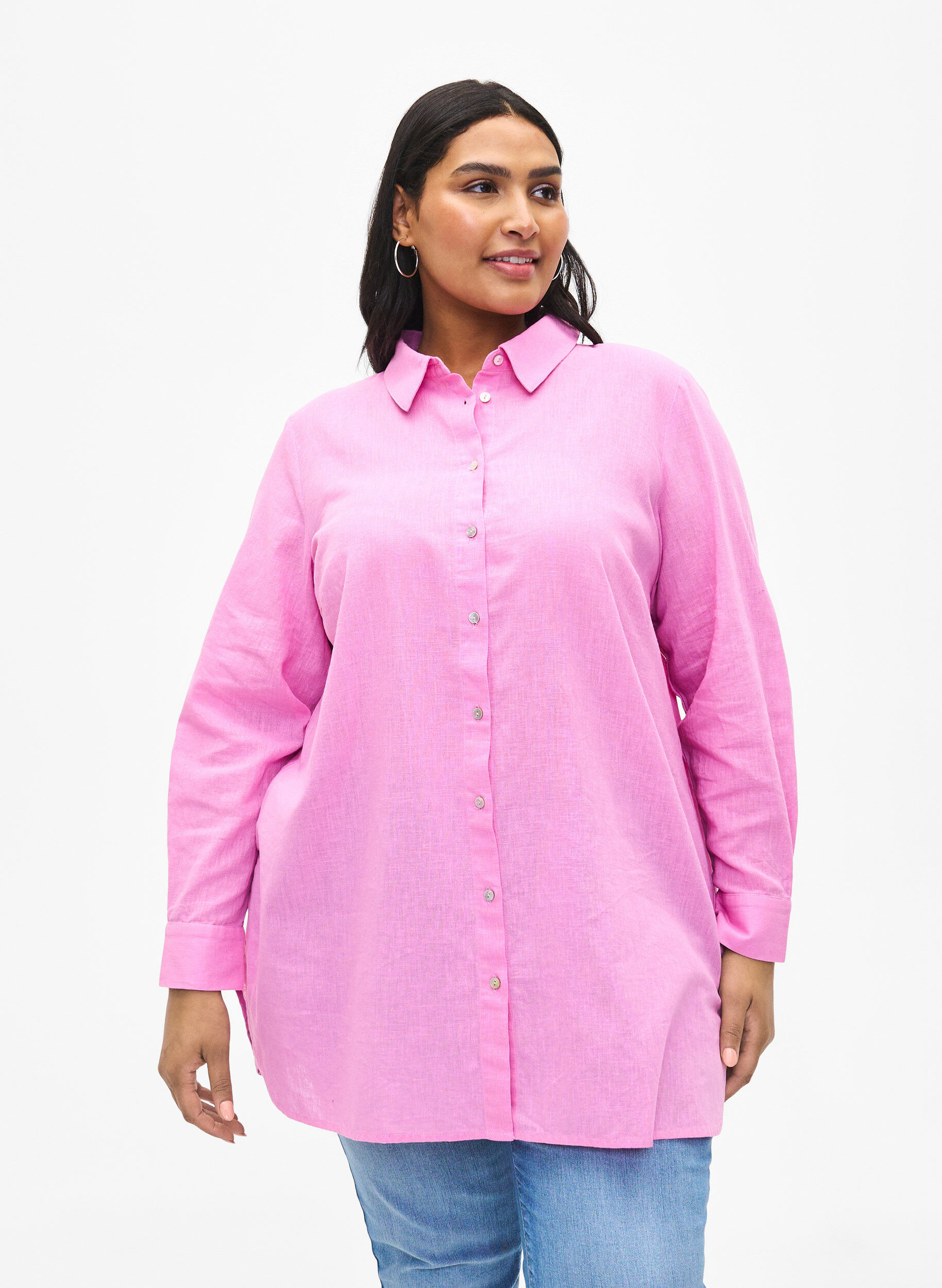 Zizzi Chemise longue en lin et en coton, Rosebloom, Model image number 0