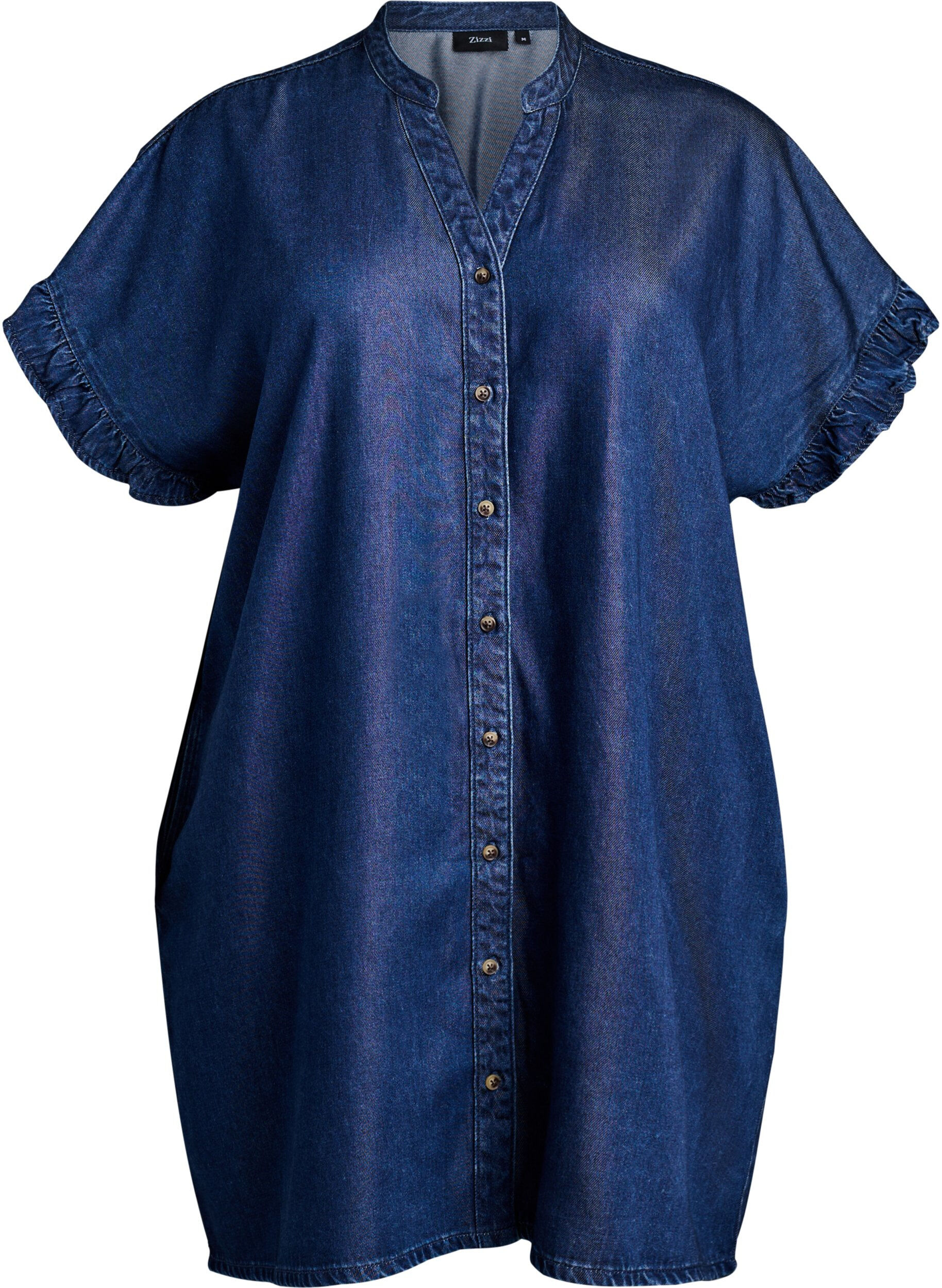 Kleid in Denim-Optik mit Knopfleiste und R&uuml;schen&auml;rmeln
