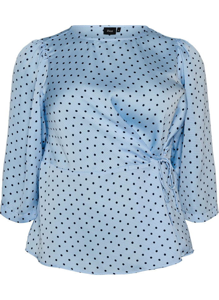 Blouse &agrave; pois avec lien &agrave; nouer et manches 3/4, Bleu Clair, Packshot image number 0
