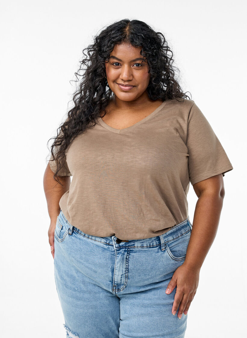 Kurz&auml;rmeliges Basic T-Shirt mit V-Ausschnitt, Braun, Model image number 0