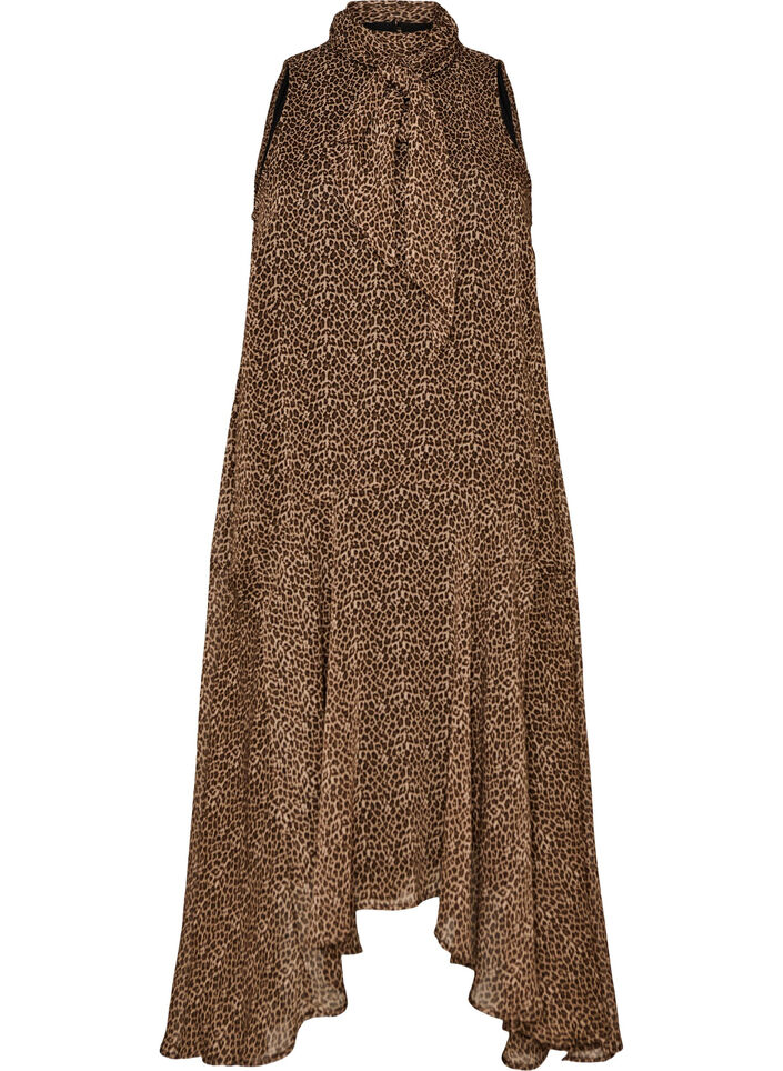 Robe midi en mousseline &agrave; imprim&eacute; l&eacute;opard avec ceinture &agrave; nouer, Marron, Packshot image number 0