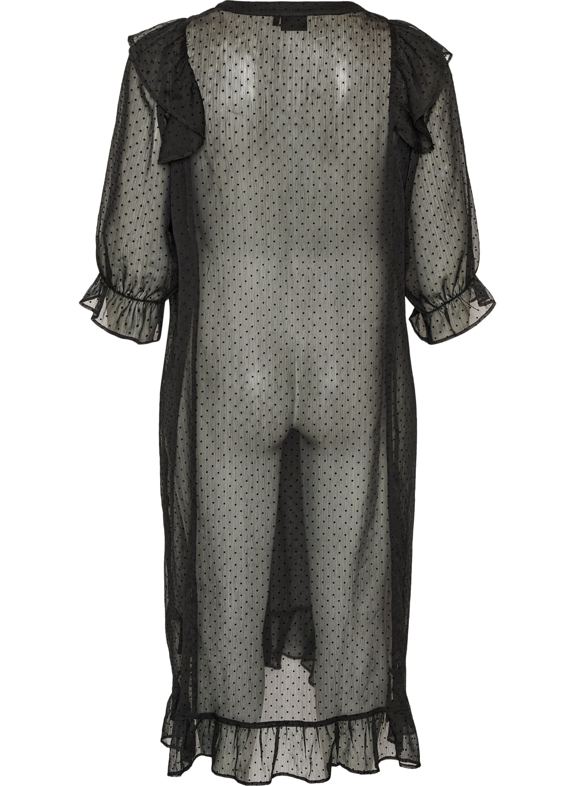 ZizziMidikleid aus einem leichten, transparenten Stoff mit Punkten und R&uuml;schen, Schwarz, Packshot image number 1
