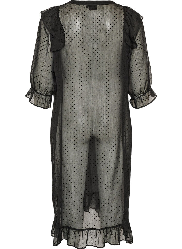 Midikleid aus einem leichten, transparenten Stoff mit Punkten und R&uuml;schen, Schwarz, Packshot image number 1