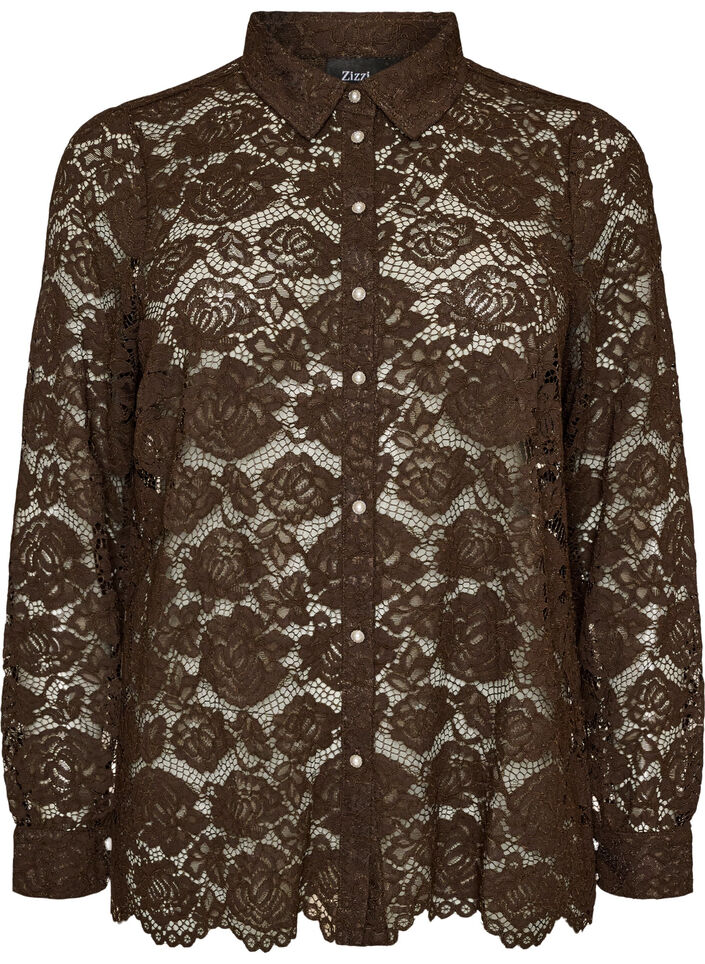 Chemise en dentelle avec boutons nacr&eacute;s, Marron, Packshot image number 0