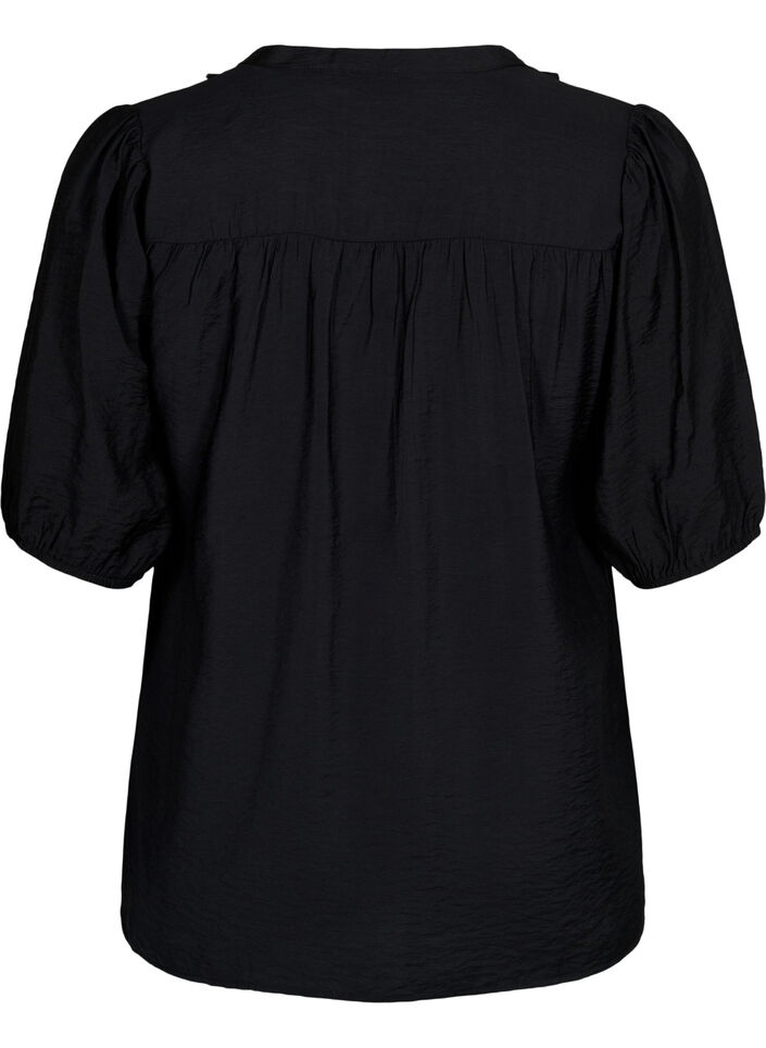 Viskosebluse mit Puffärmeln und Rüschen, Black, Packshot image number 1
