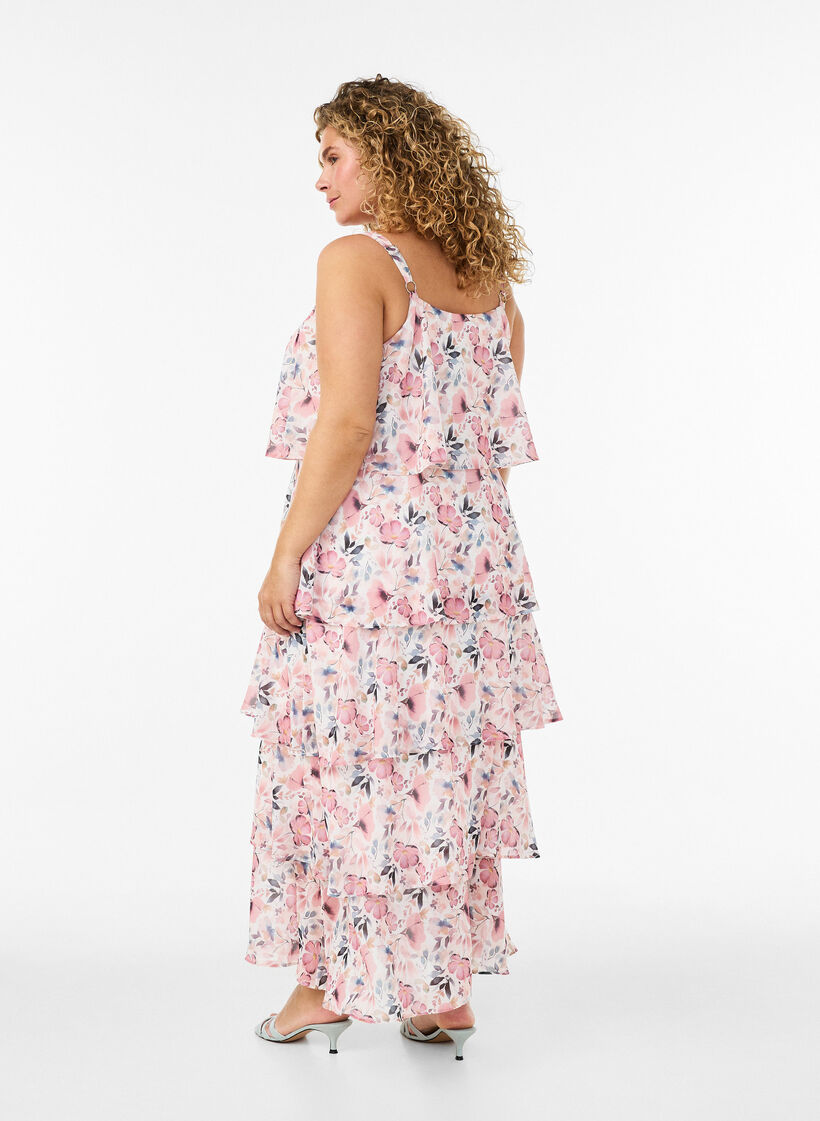 Robe maxi avec plusieurs couches de volants et cape amovible, Blanc, Model image number 4