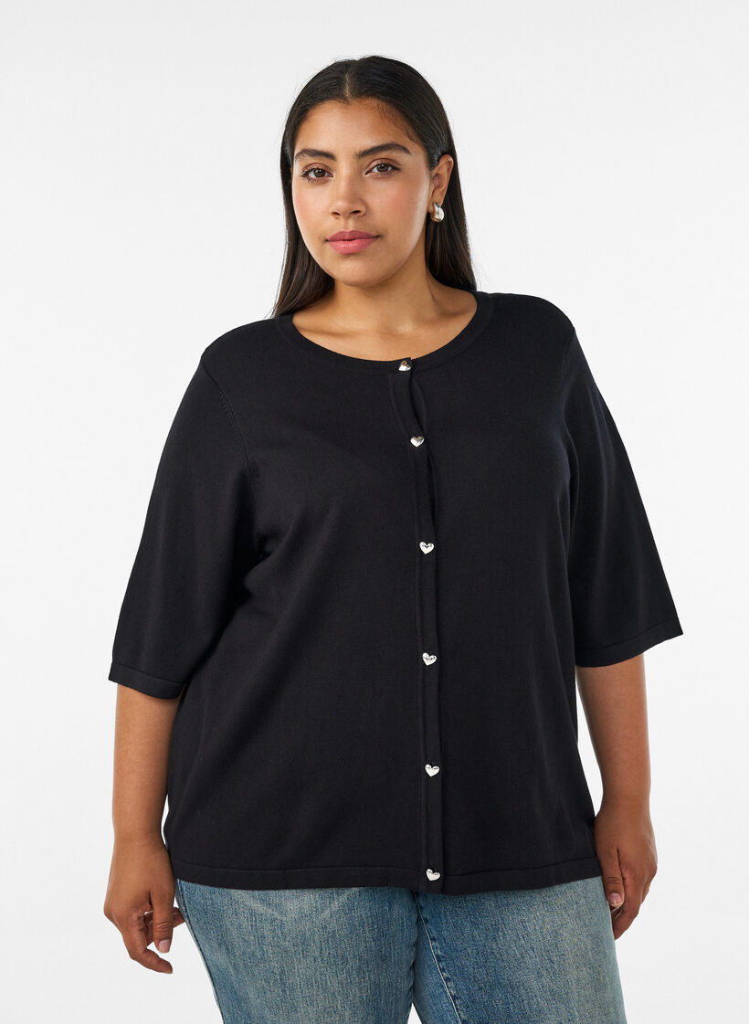 Cardigan en maille avec boutons c&oelig;ur et manches courtes, Noir, Model image number 0