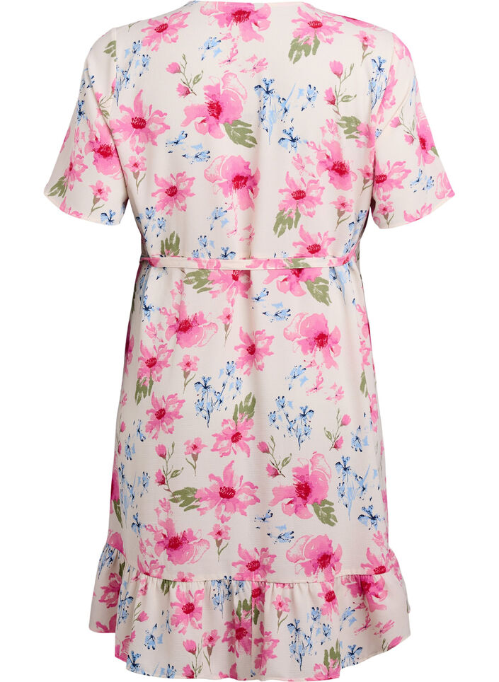 Robe portefeuille florale &agrave; manches courtes, Blanc, Packshot image number 1
