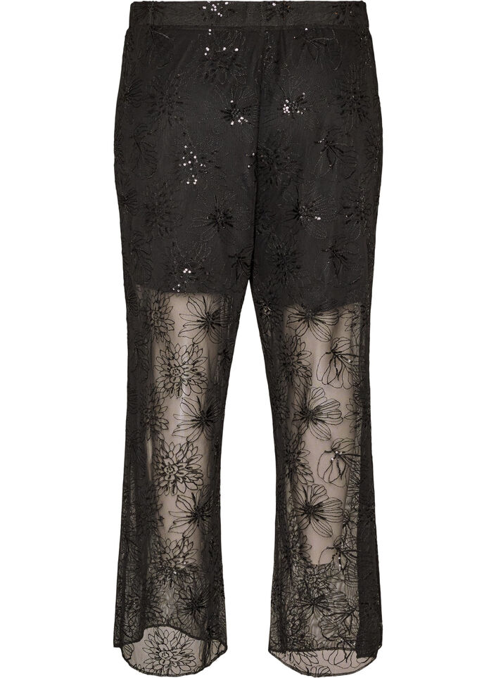 Pantalon en maille avec broderies florales et sequins, Noir, Packshot image number 1
