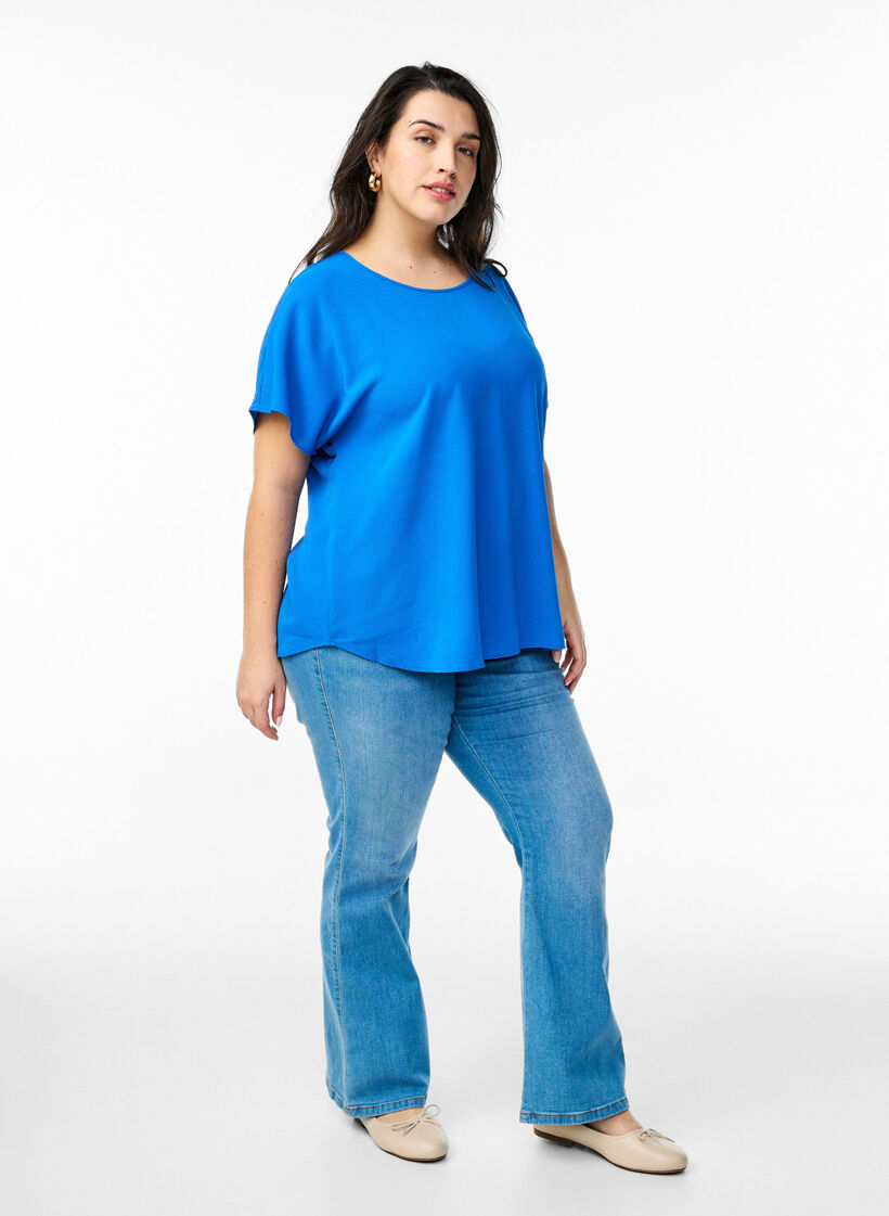 Bluse mit kurzen &Auml;rmeln und einem Rundhalsausschnitt, Blau, Model image number 1