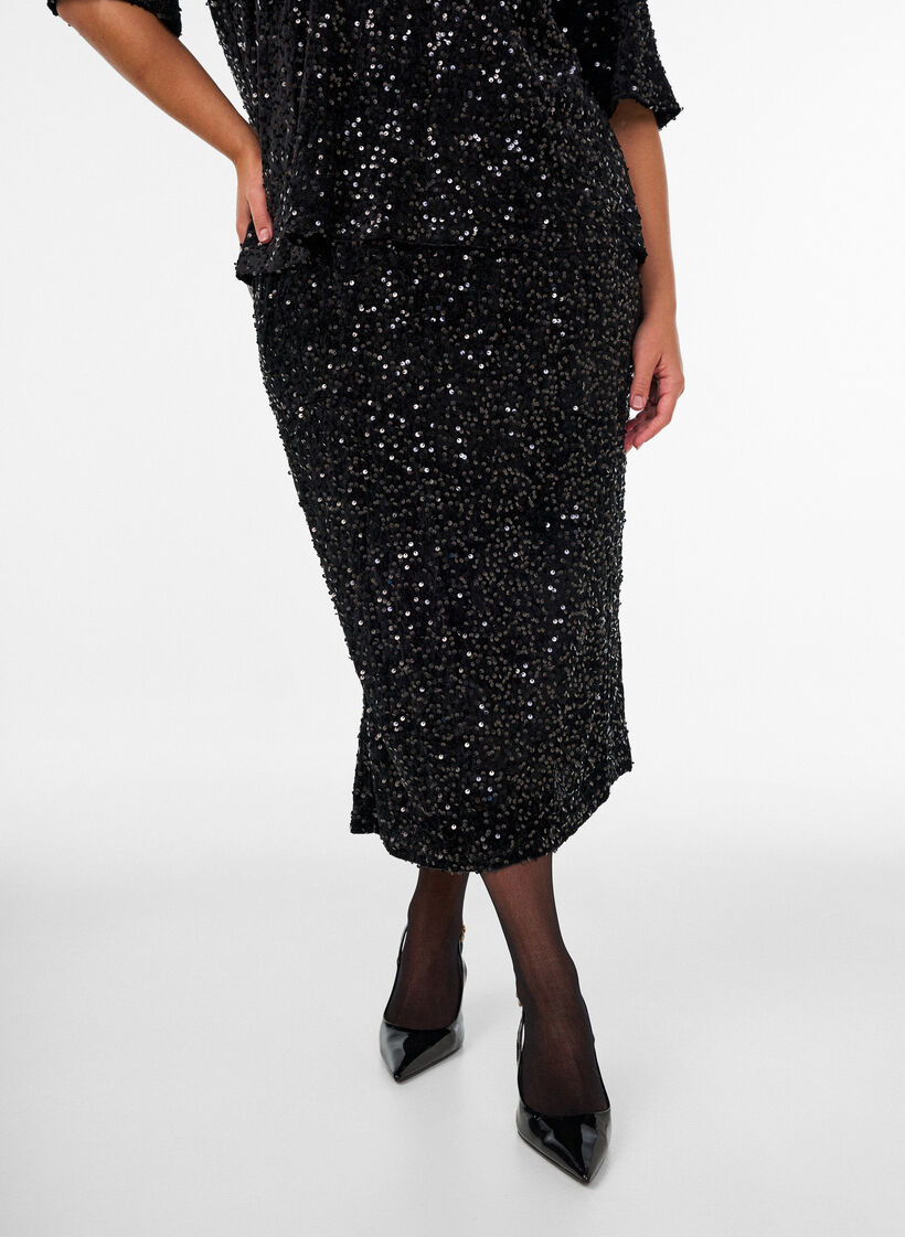 Jupe midi avec sequins et fentes, Noir, Model image number 2