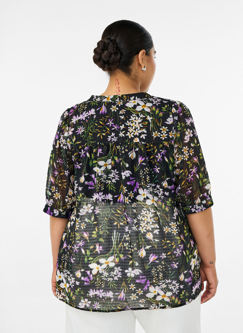Gebl&uuml;mte Bluse mit V-Ausschnitt, Schwarz, Model image number 2