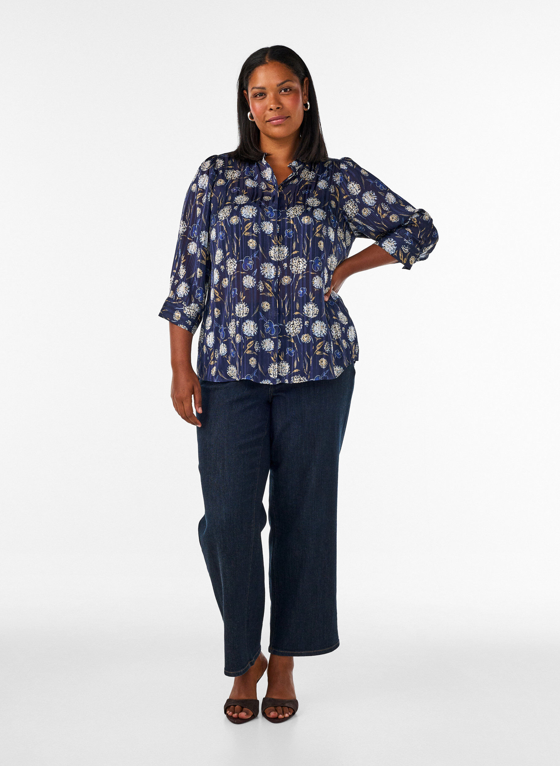 ZizziGemusterte Bluse mit Stehkragen und 3/4-&Auml;rmeln, Blau, Model image number 1