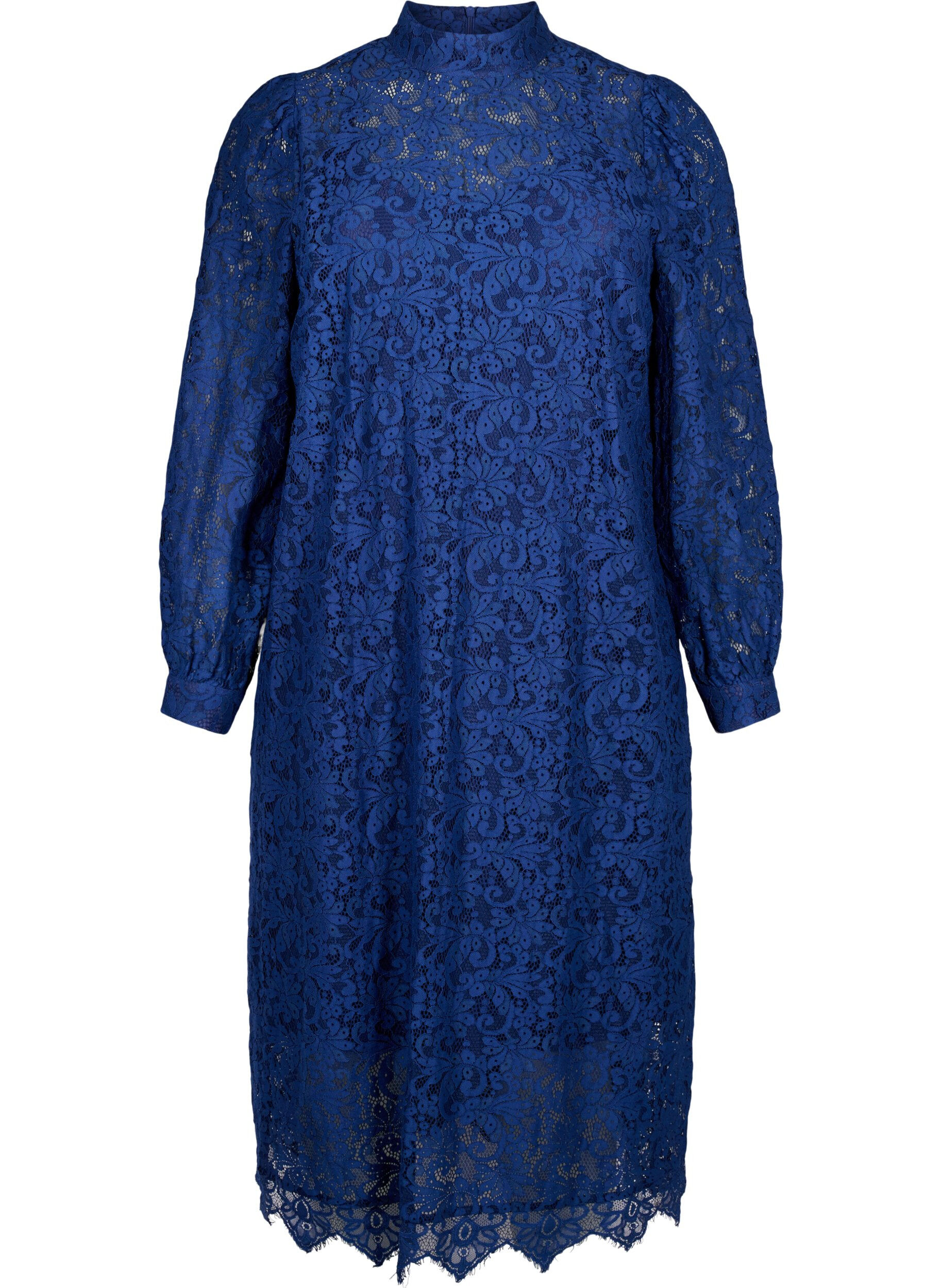 Zizzi Robe en dentelle &agrave; manches longues avec col montant, Estate Blue, Packshot image number 0