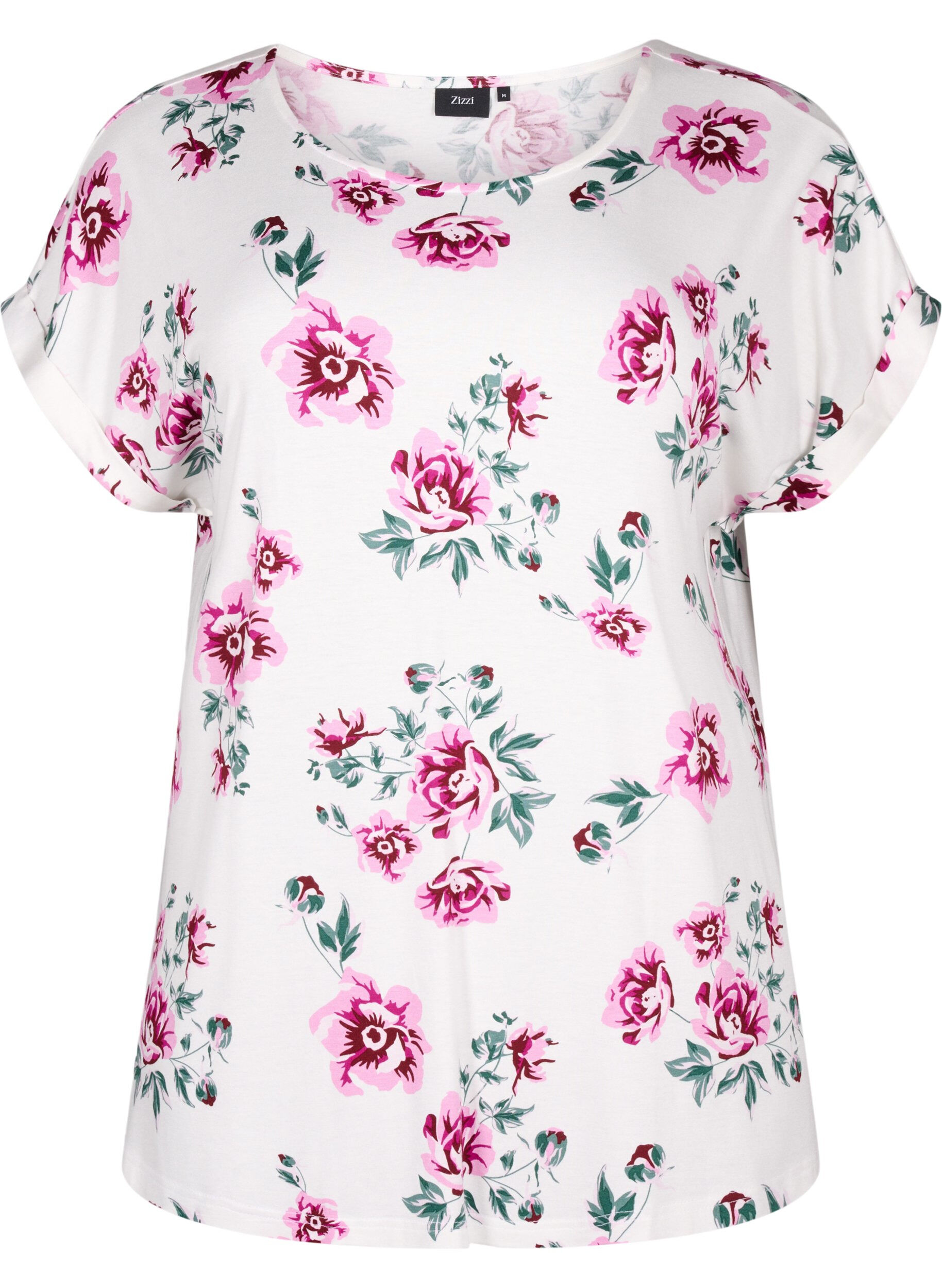 Zizzi Chemisier floral &agrave; manches courtes en viscose, White Pink AOP, Packshot image number 0
