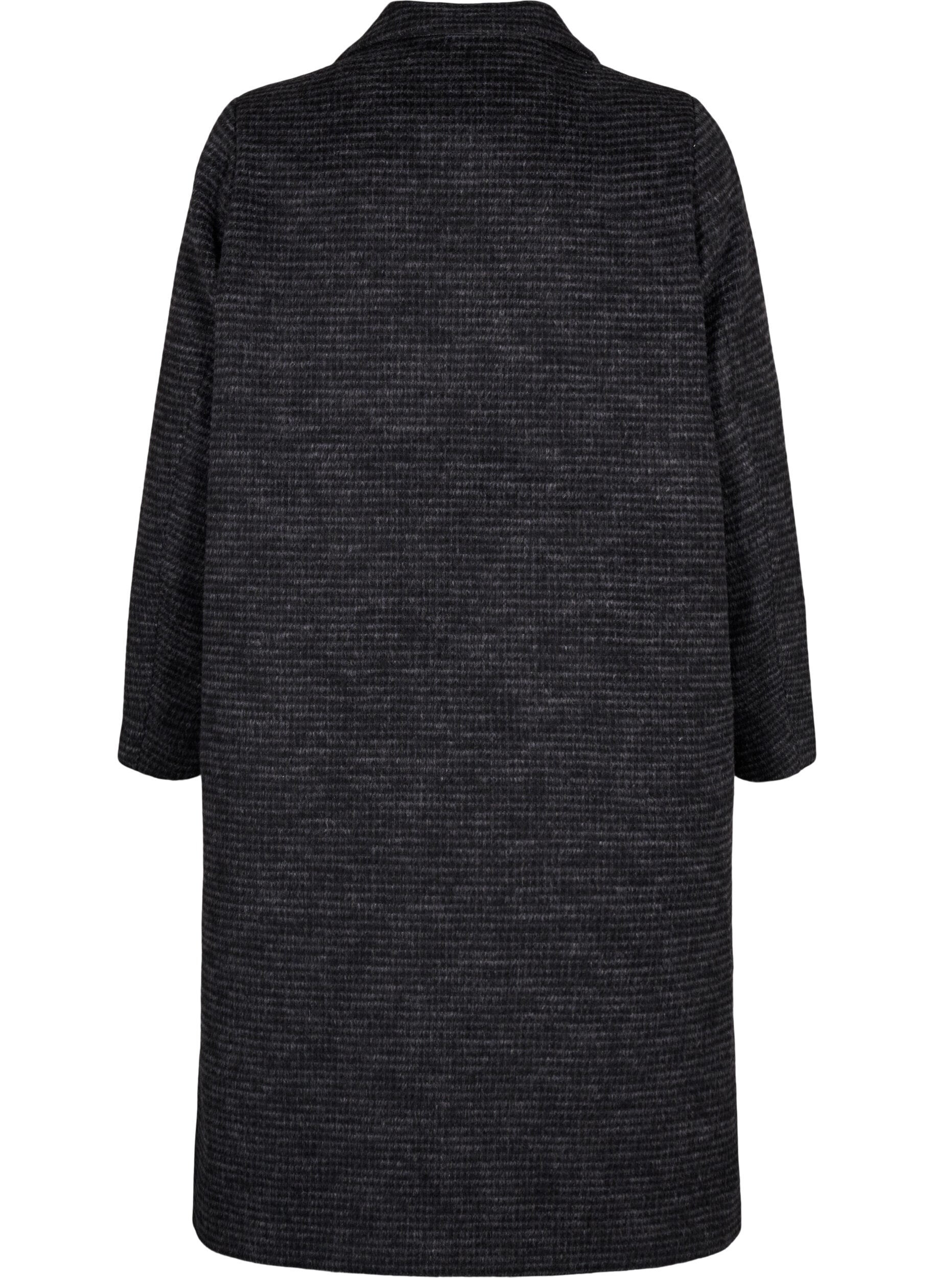 Zizzi Karierter Wollmantel mit geb&uuml;rstetem Finish, Black Comb, Packshot image number 1