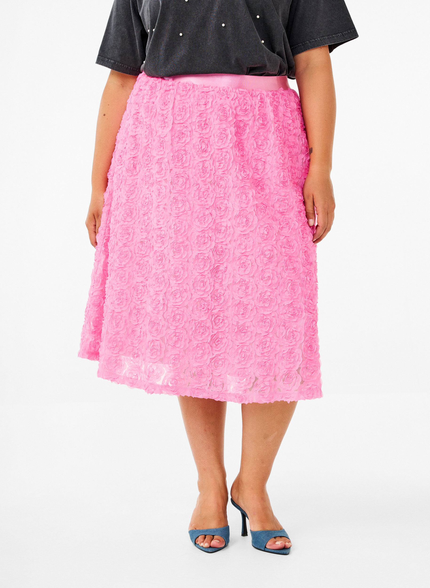 Zizzi Midi-Rock mit 3D-Blumen, Dianthus, Model image number 2