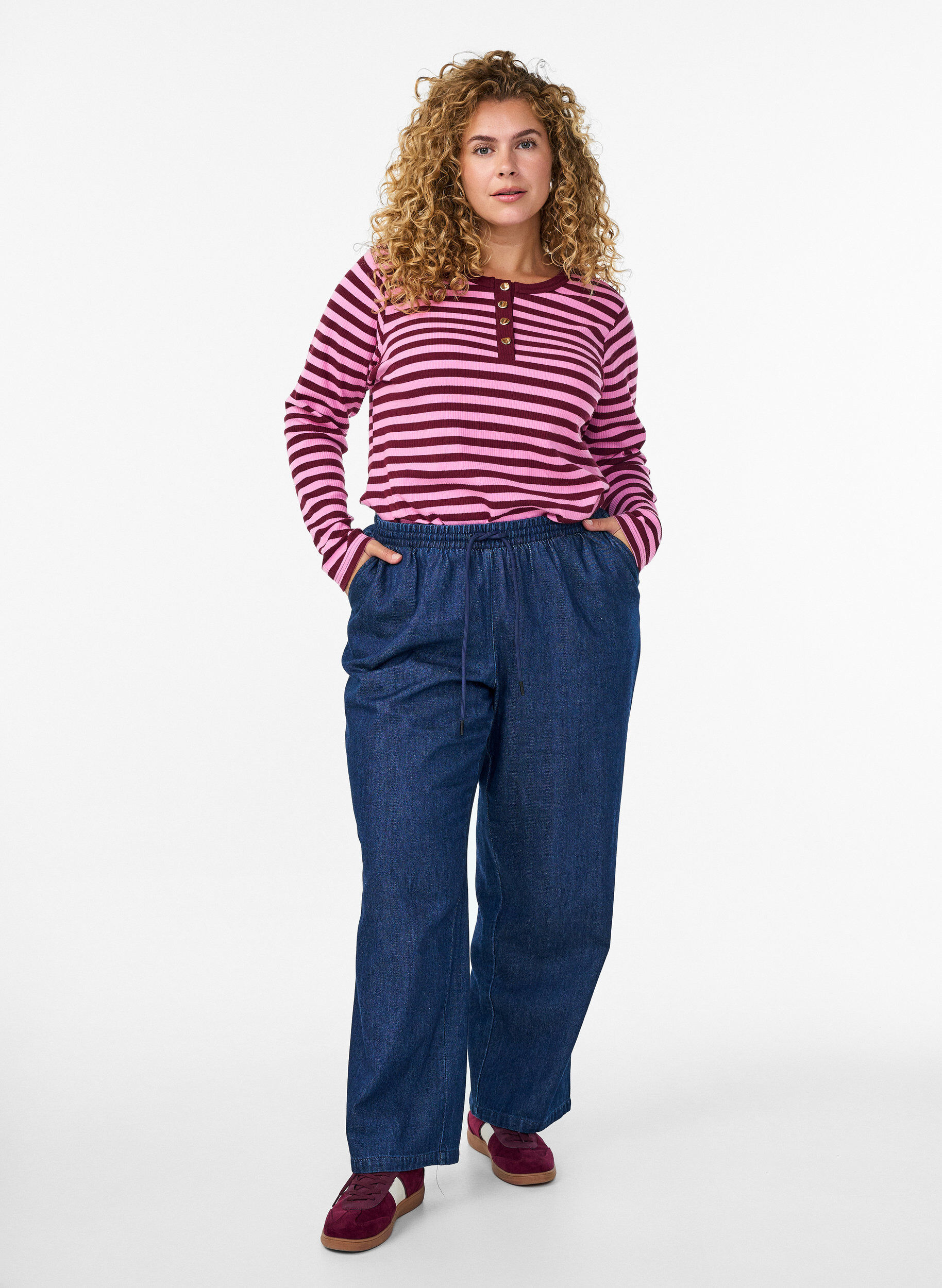 Zizzi Gestreifte Jerseybluse mit Rippstruktur, Pink, Model image number 1