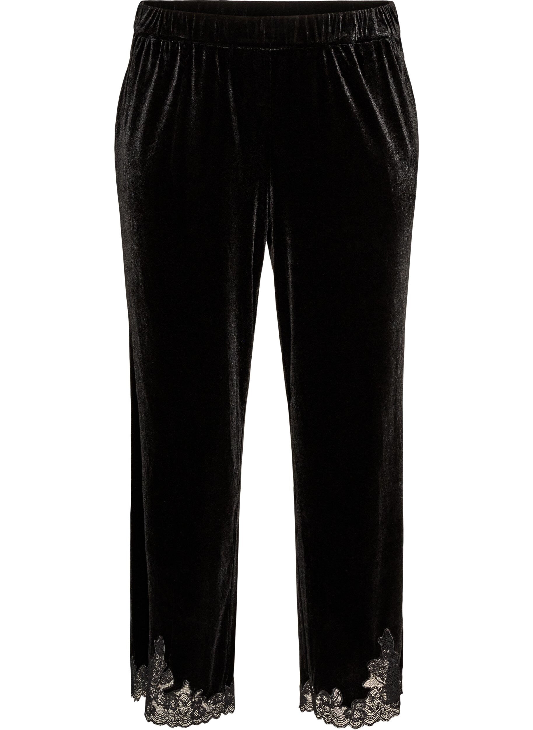 ZizziPantalon en velours coupe ample avec finitions en dentelle, Noir, Packshot image number 0