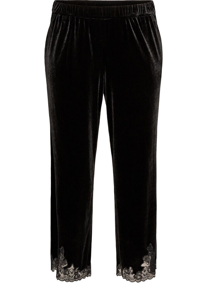 Pantalon en velours coupe ample avec finitions en dentelle, Noir, Packshot image number 0