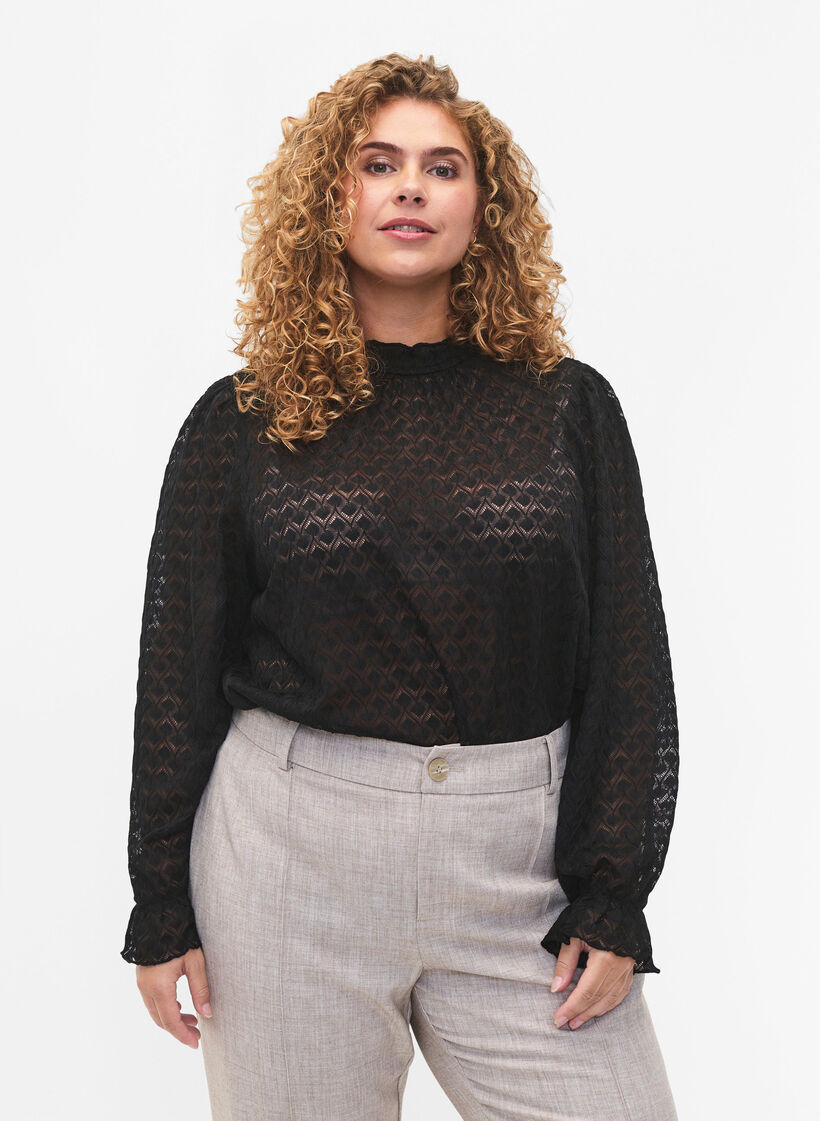  Blouse à manches longues avec texture à motifs, Black, Model image number 0