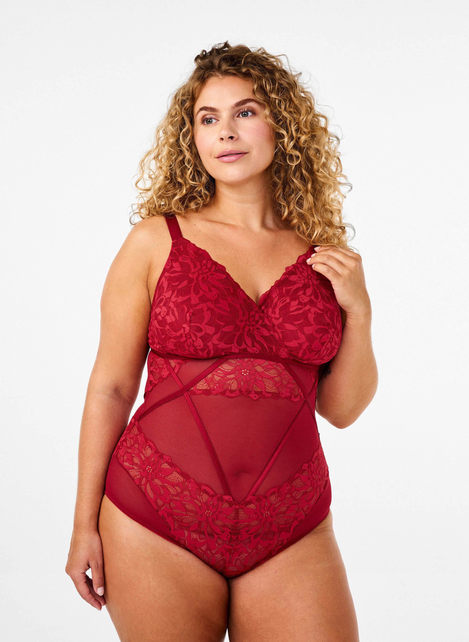 Zizzi Body aus Spitze mit Mesh, Rhythmic Red, Model image number 0