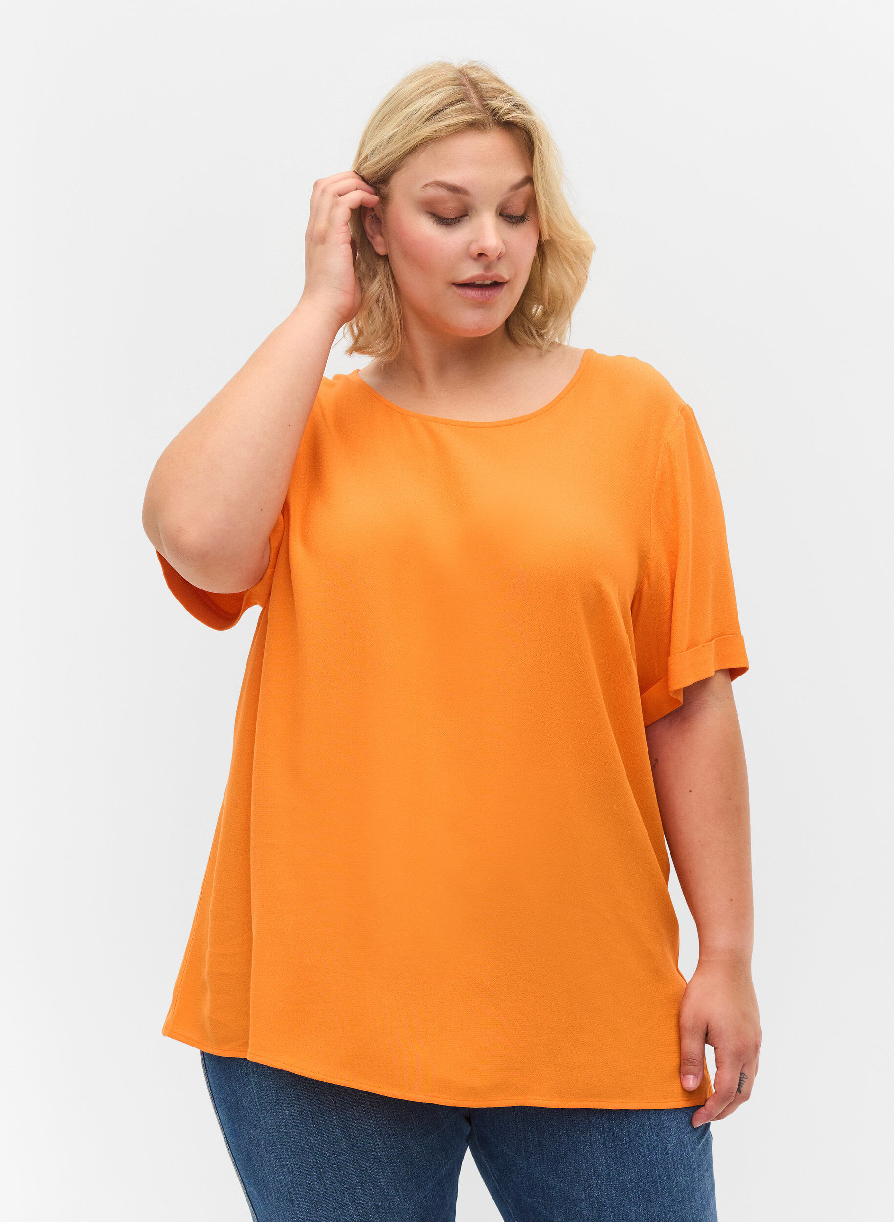 Zizzi Kurzarm Bluse aus Viskose, Orange Peel, Model image number 0