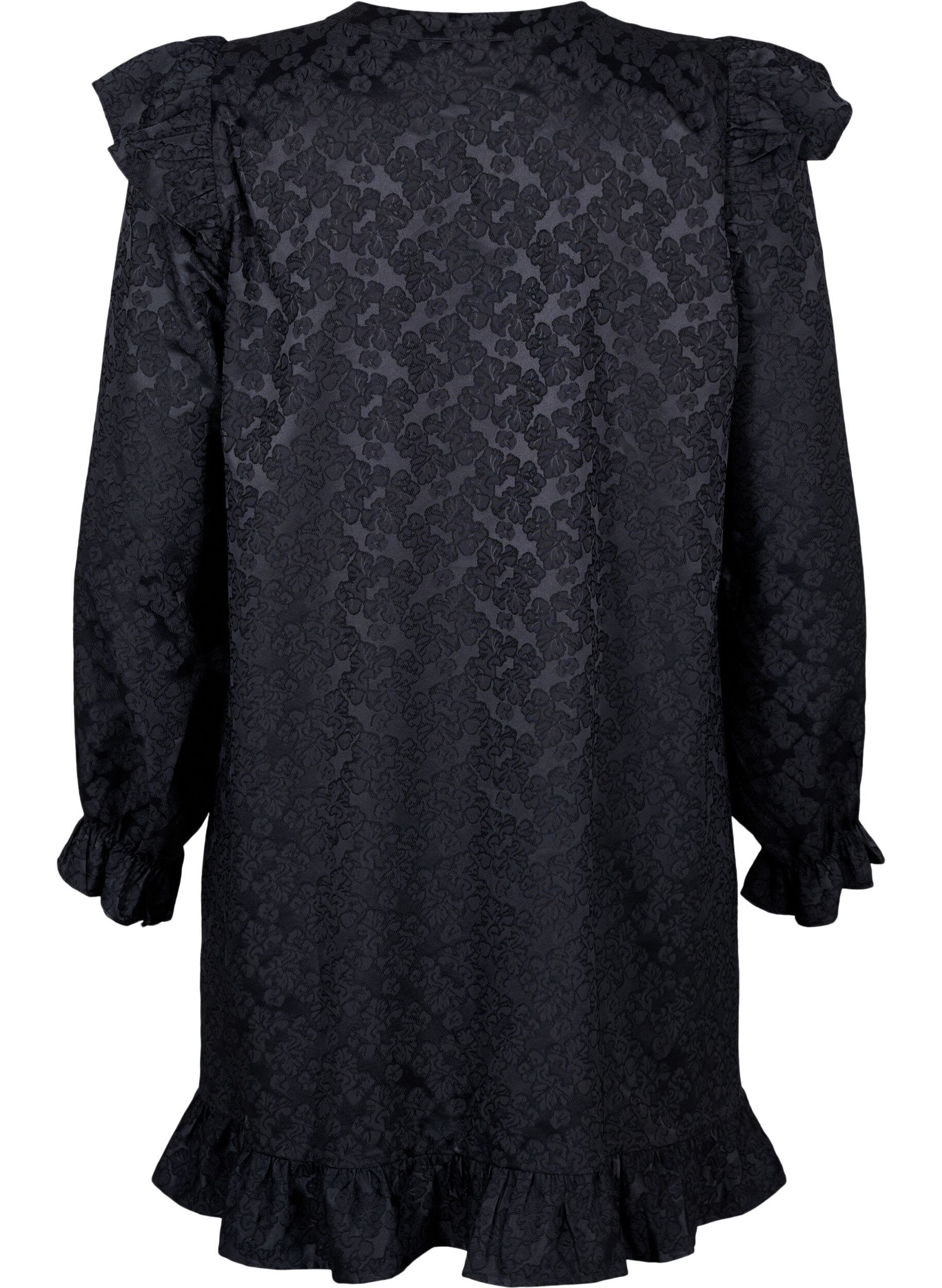 Zizzi Jacquardkleid mit langen &Auml;rmeln und R&uuml;schen, Schwarz, Packshot image number 1