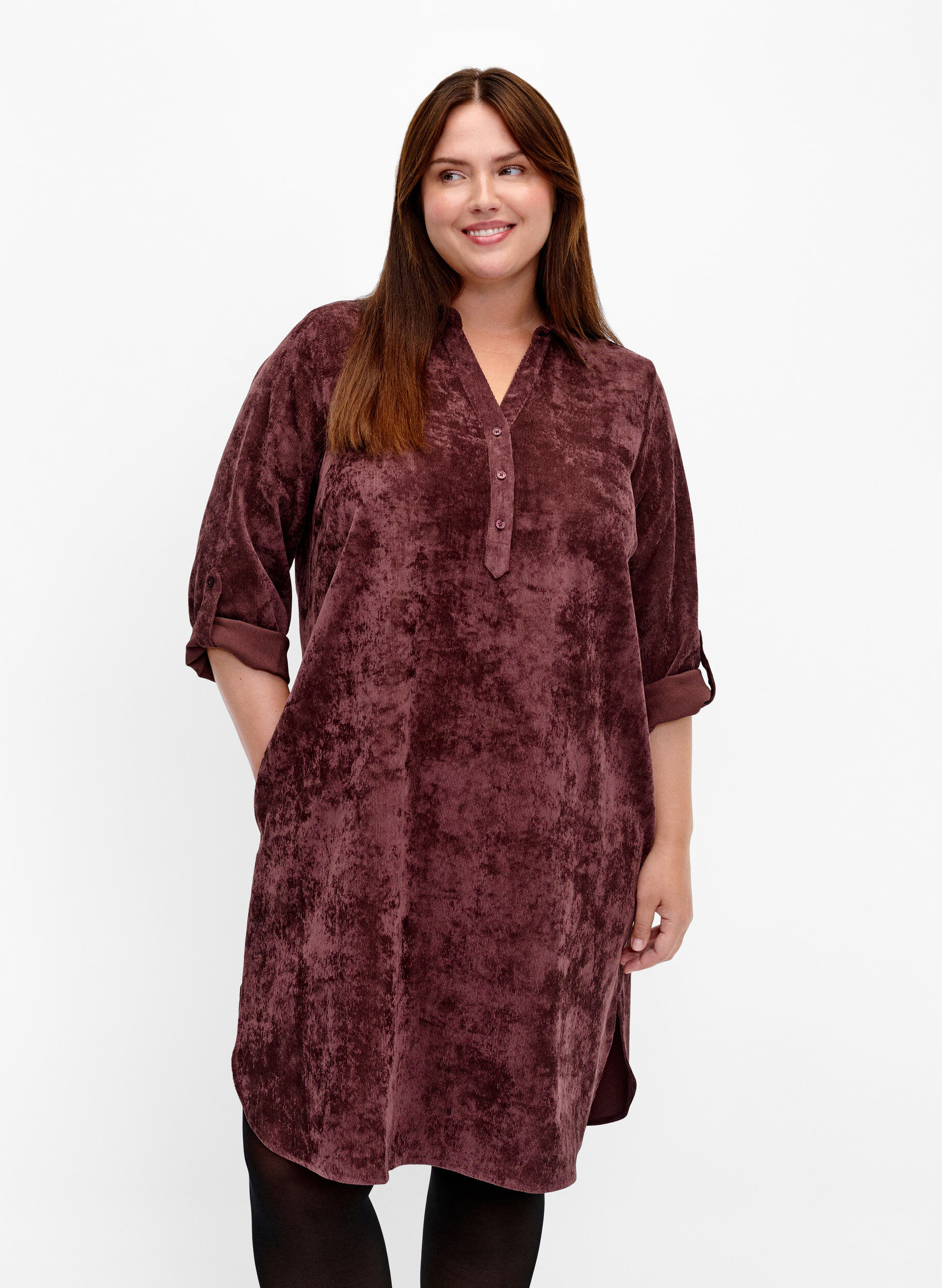 Zizzi Cordkleid mit 3/4-&Auml;rmeln und Kn&ouml;pfen, Fudge, Model image number 0