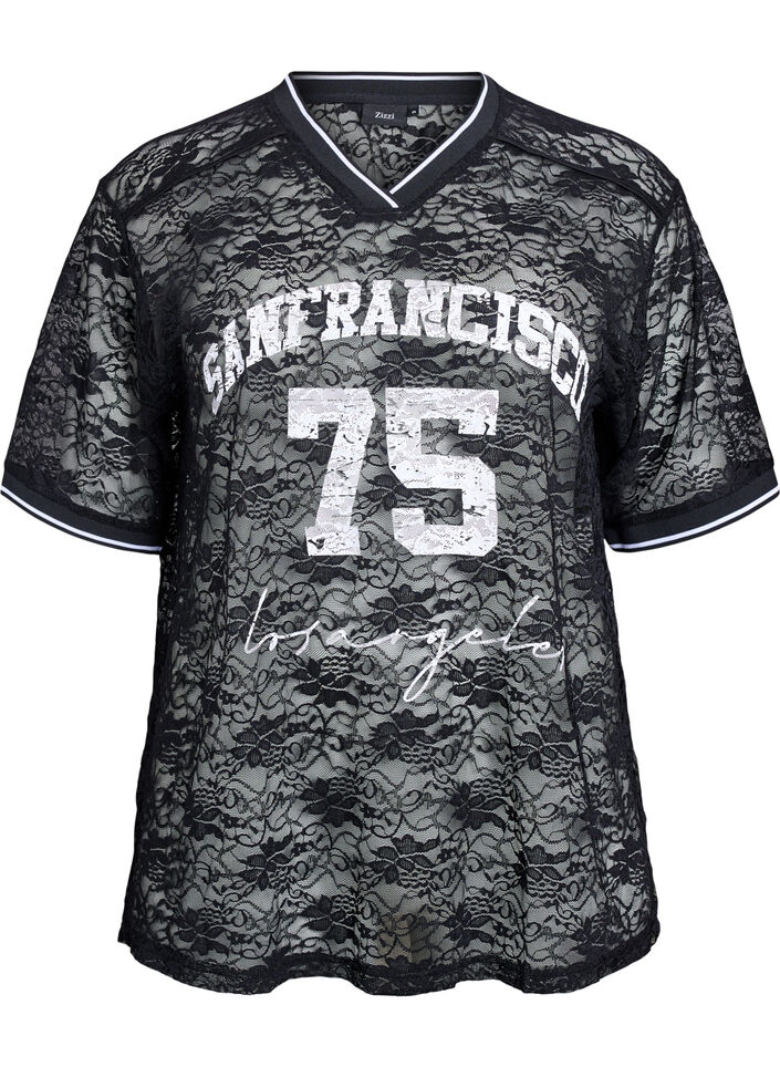 T-shirt sportif en dentelle coupe ample, Noir, Packshot image number 0