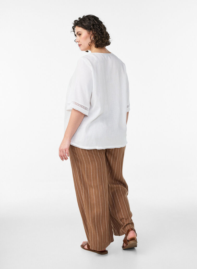 Pantalon large en lin et viscose, Marron, Model