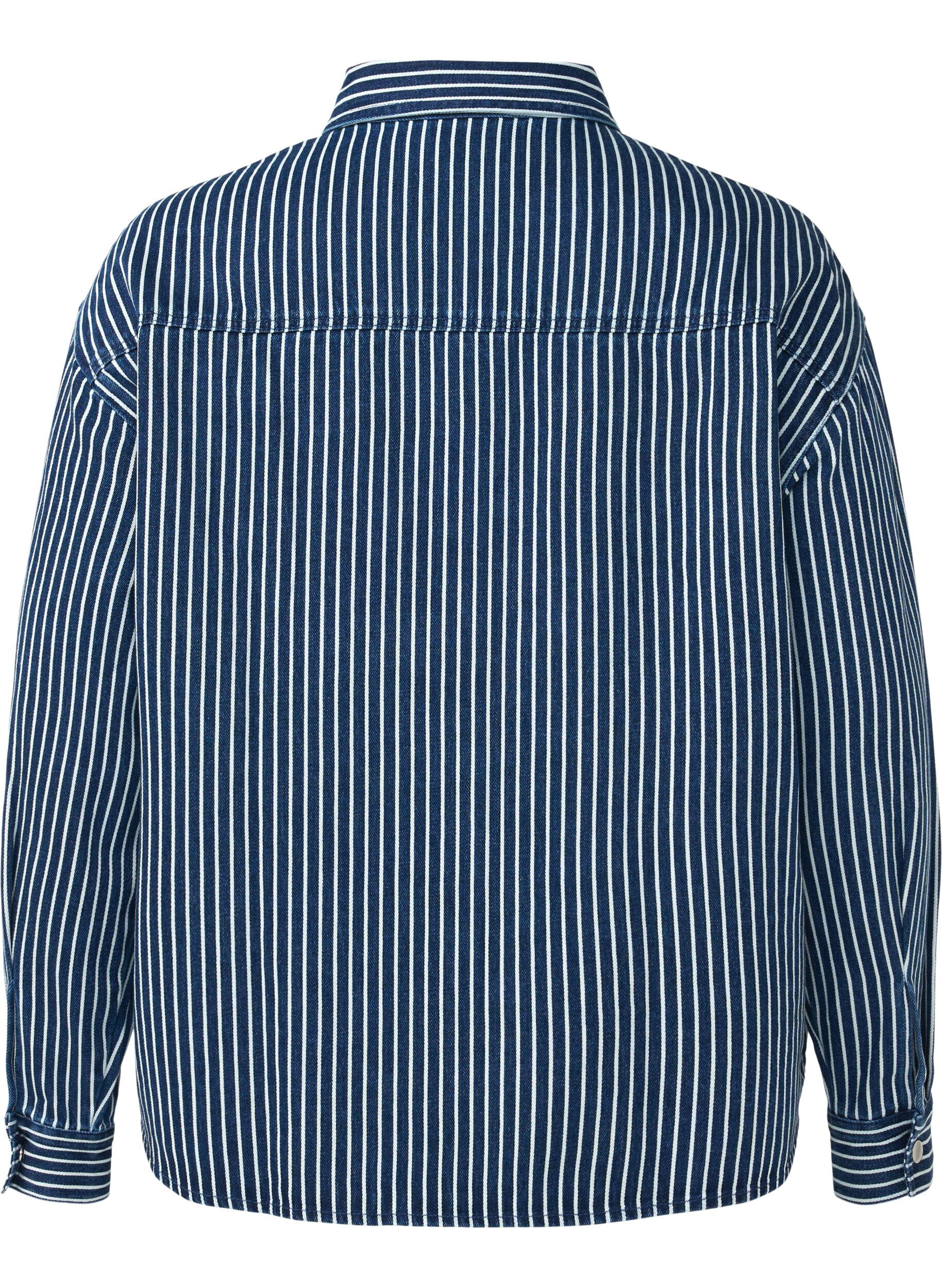 Zizzi Chemise en jean ray&eacute;e avec poches de poitrine, Blue Denim Stripe, Packshot image number 1