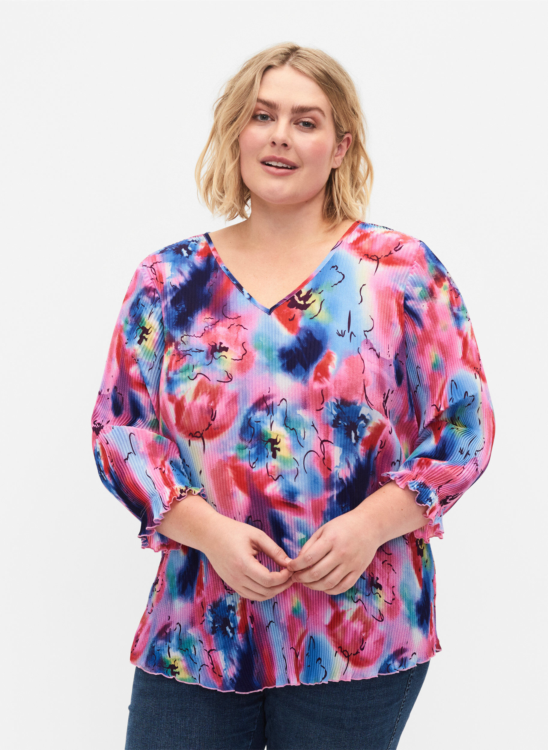 Zizzi Plissierte Bluse mit 3/4-&Auml;rmeln, Lavender Space AOP, Model image number 0