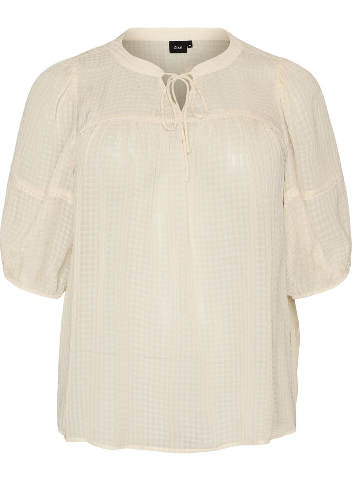 Bluse aus Seersucker mit Bindeband, Beige, Packshot image number 0