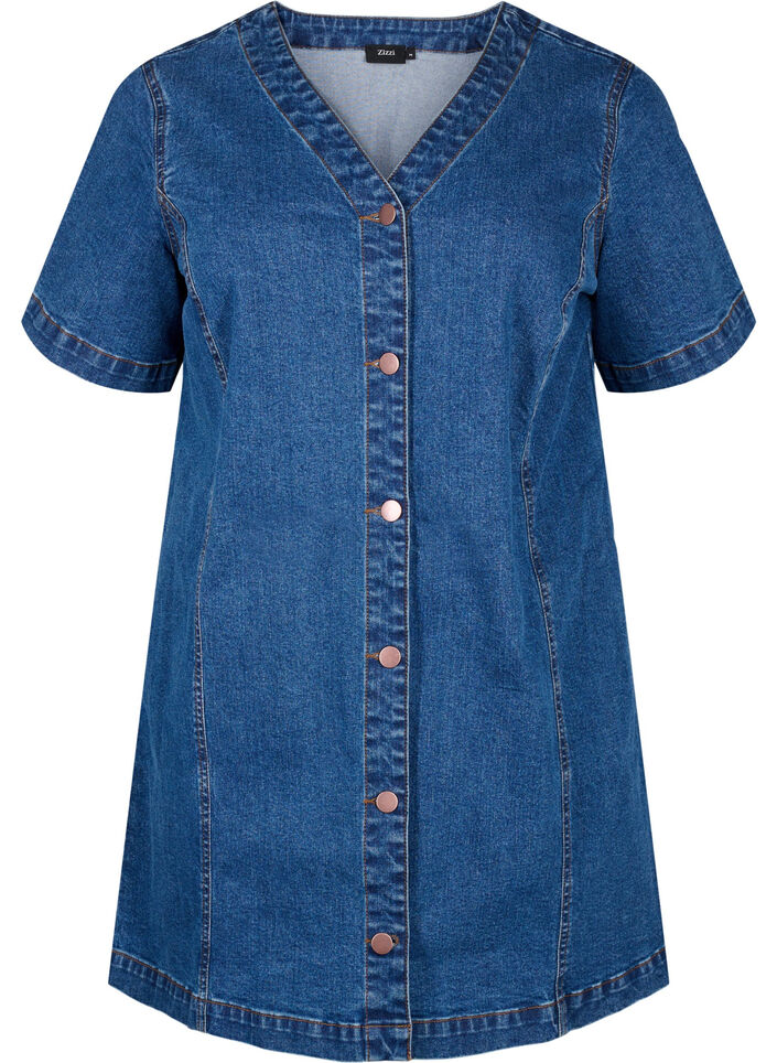 Robe courte en jean avec col en V, Bleu, Packshot image number 0