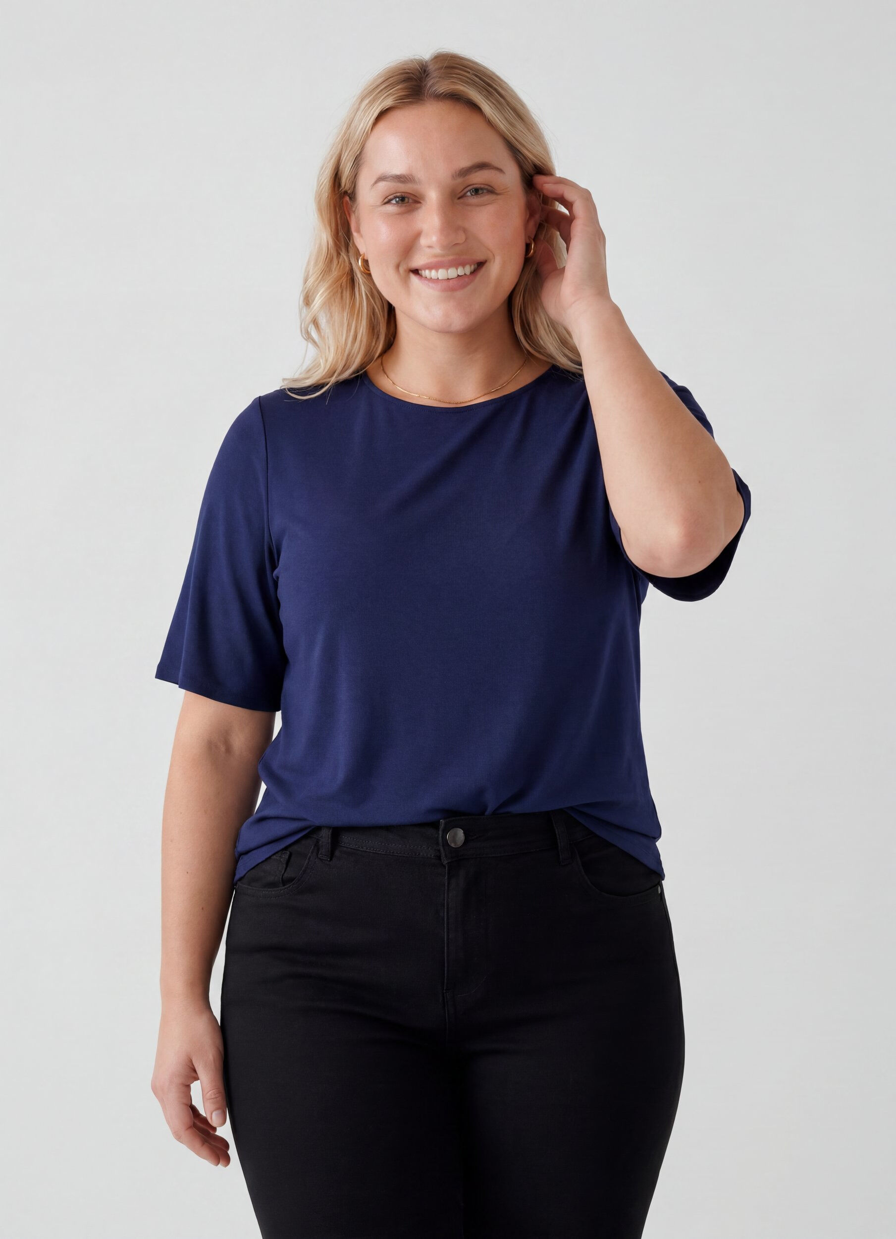 ZizziKurz&auml;rmelige, gewebte Bluse mit Rundhals, Blau, Model image number 0