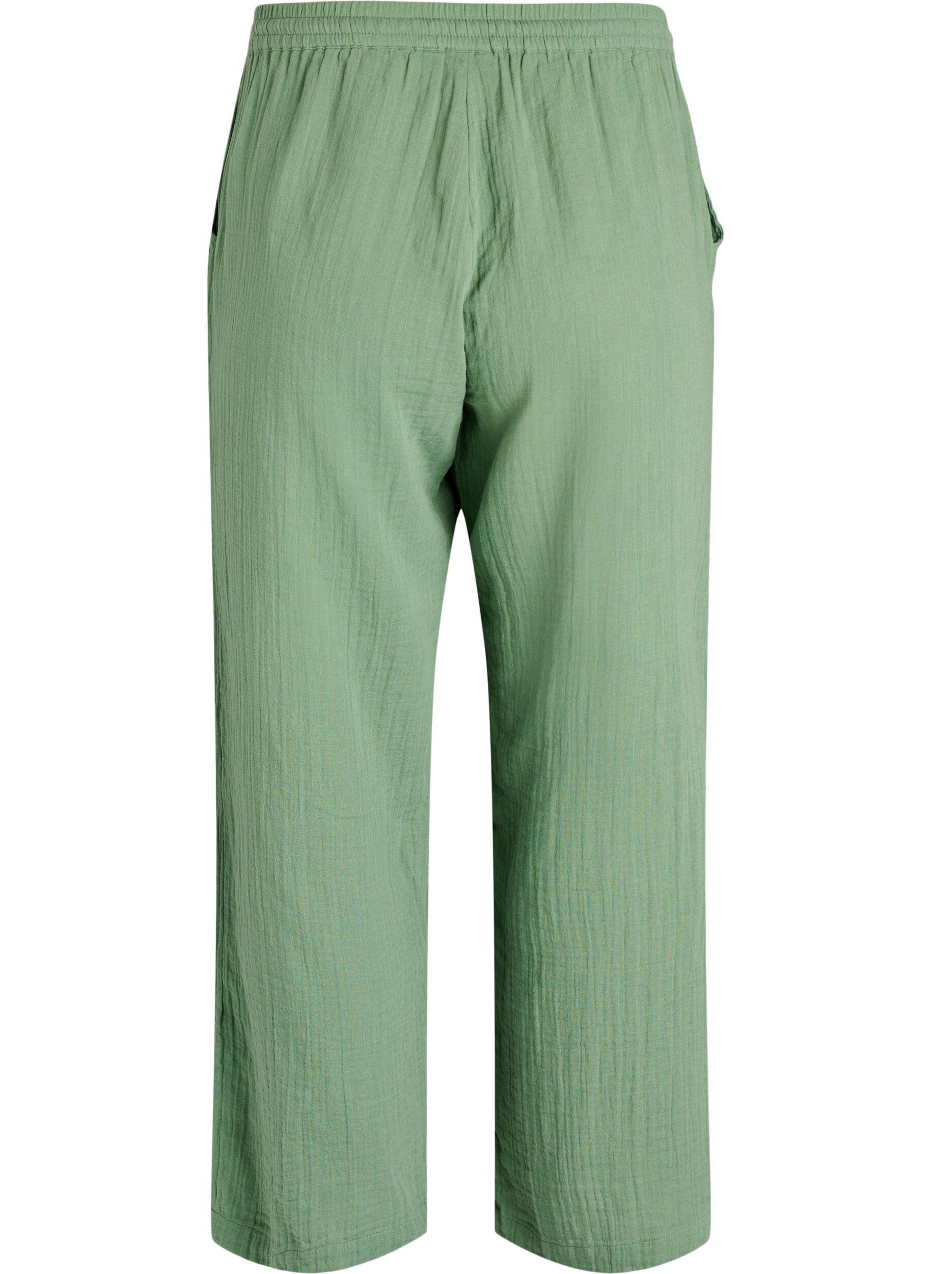 ZizziPantalon taille haute en mousseline de coton &agrave; coupe ample, Vert, Packshot image number 1