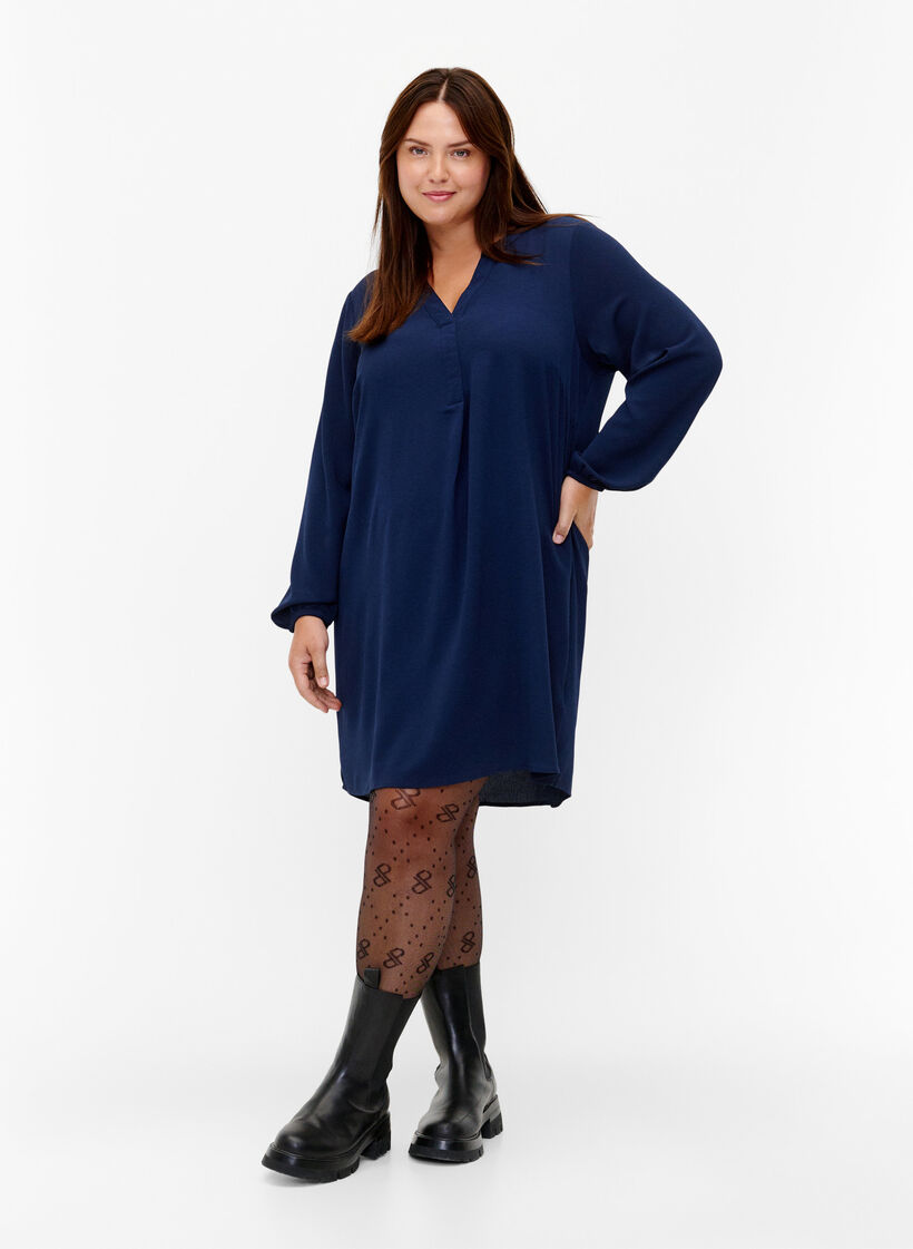 Robe à manches longues et encolure en V, Navy, Model image number 2