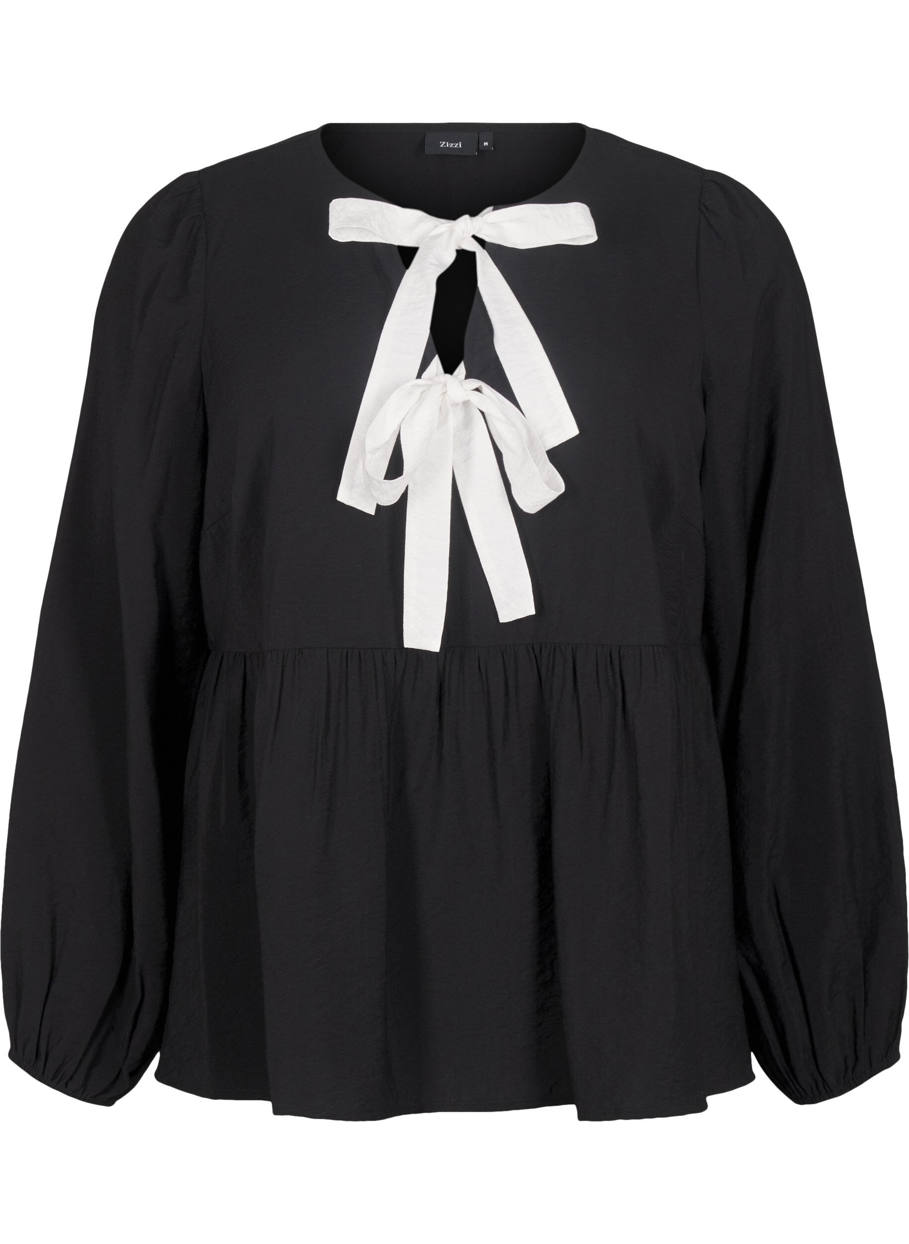 Zizzi Bluse aus Viskose mit Schleifen und langen &Auml;rmeln, Black White Bow, Packshot image number 0