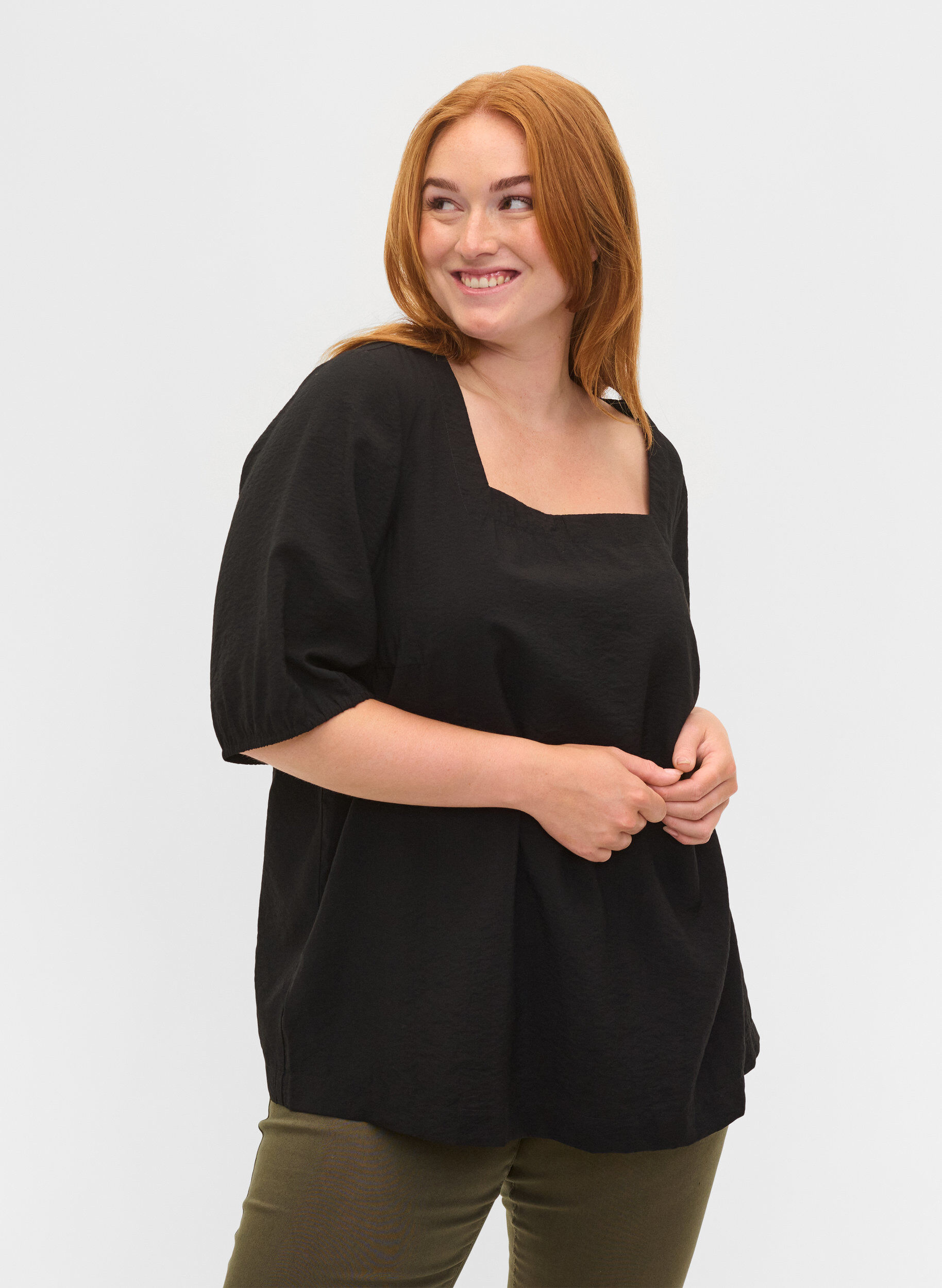 Zizzi Bluse mit Ballon&auml;rmeln, Black, Model image number 0