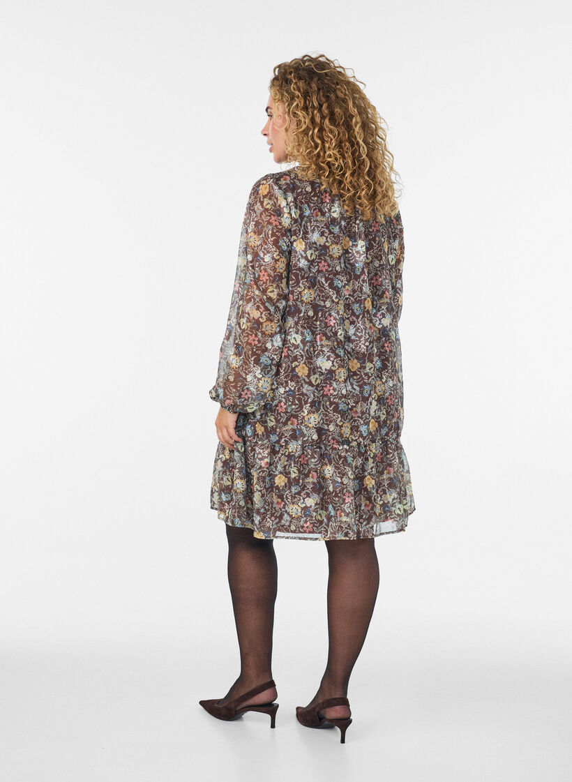 Robe en mousseline &agrave; imprim&eacute; floral et volants &eacute;tag&eacute;s, Marron, Model image number 2