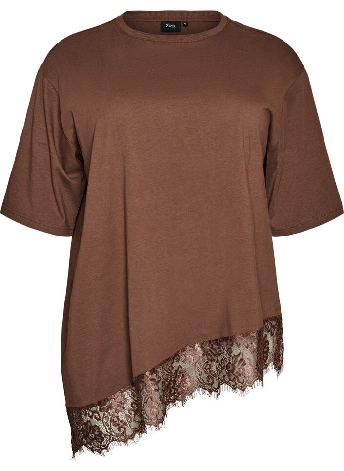 T-shirt avec ourlet asym&eacute;trique en dentelle, Marron, Packshot image number 0
