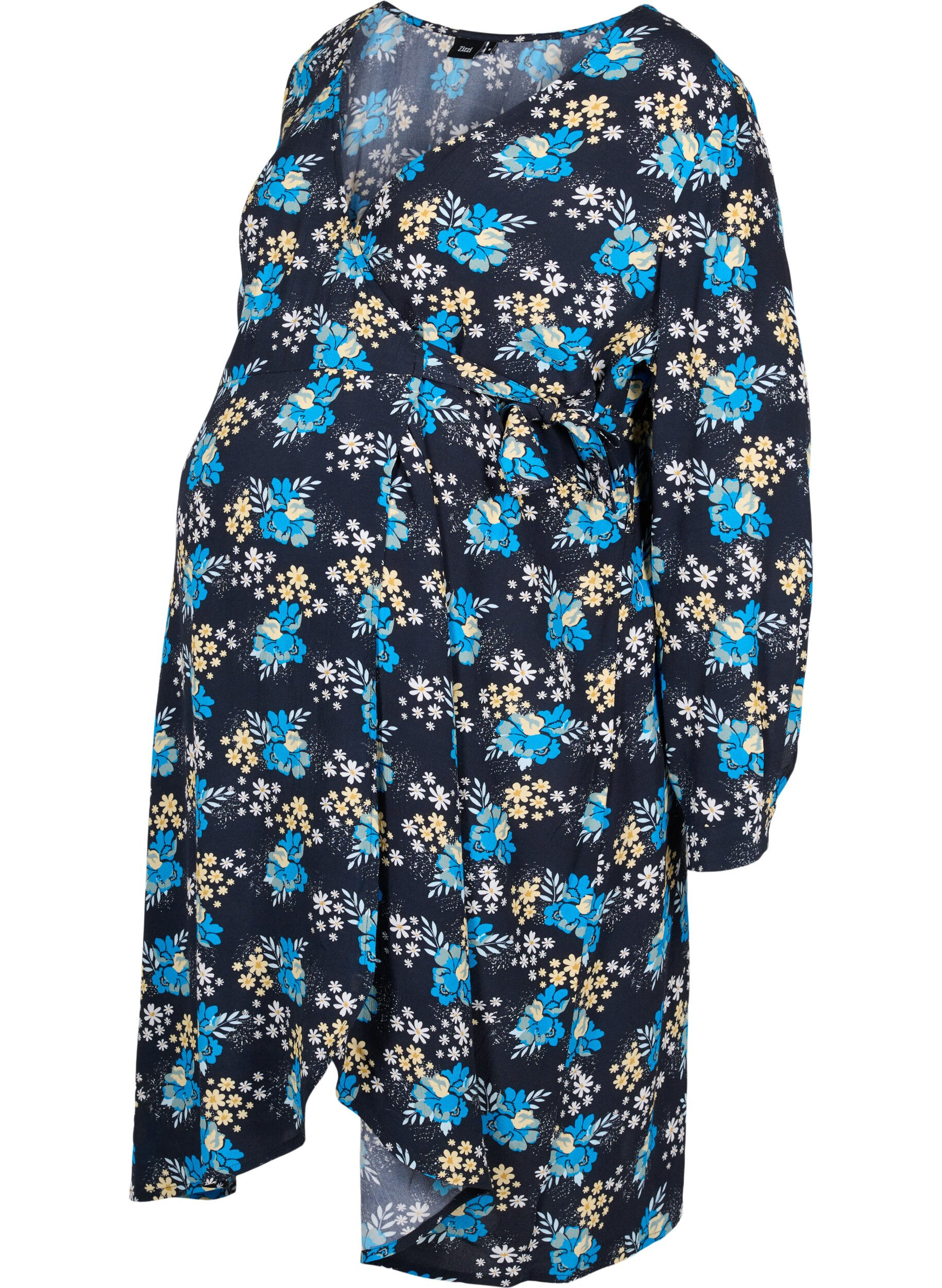 Zizzi Robe cache-c&oelig;ur de grossesse &agrave; fleurs en viscose, Bleu, Packshot image number 0
